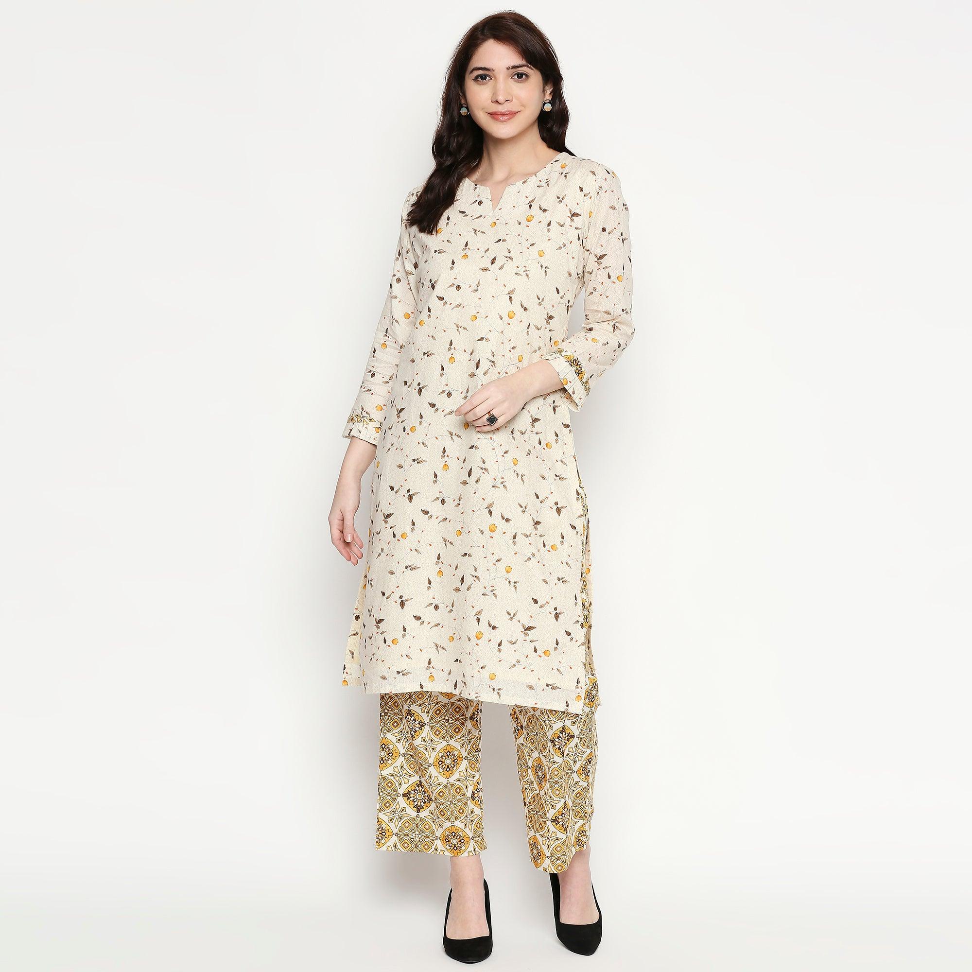 Captivating White Colored Casual Wear Printed Cotton Kurti-Palazzo Set - Peachmode