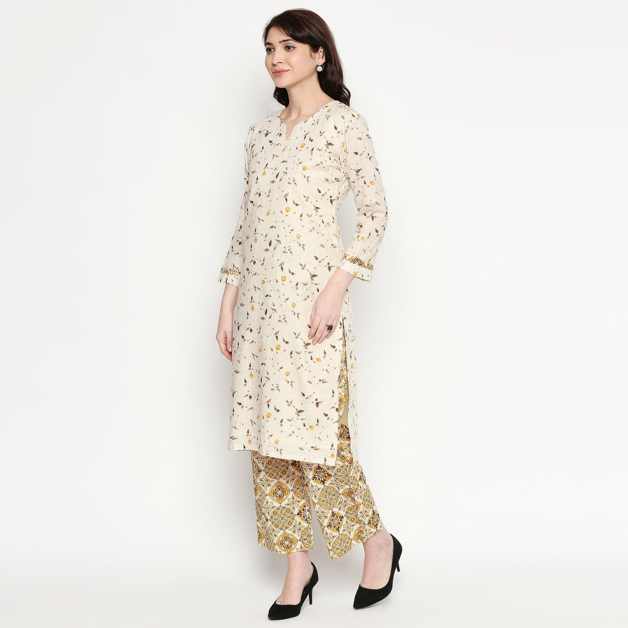 Captivating White Colored Casual Wear Printed Cotton Kurti-Palazzo Set - Peachmode