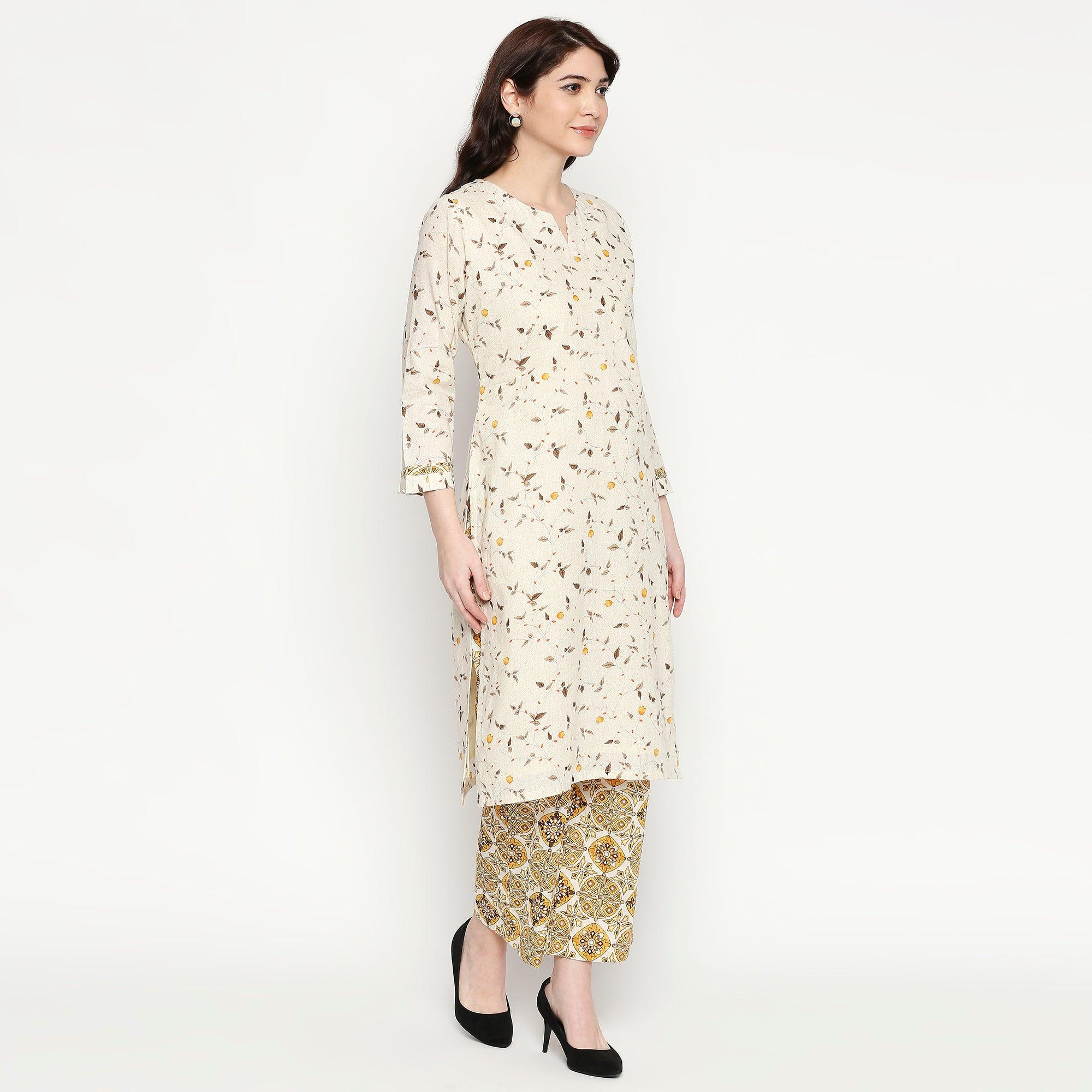 Captivating White Colored Casual Wear Printed Cotton Kurti-Palazzo Set - Peachmode
