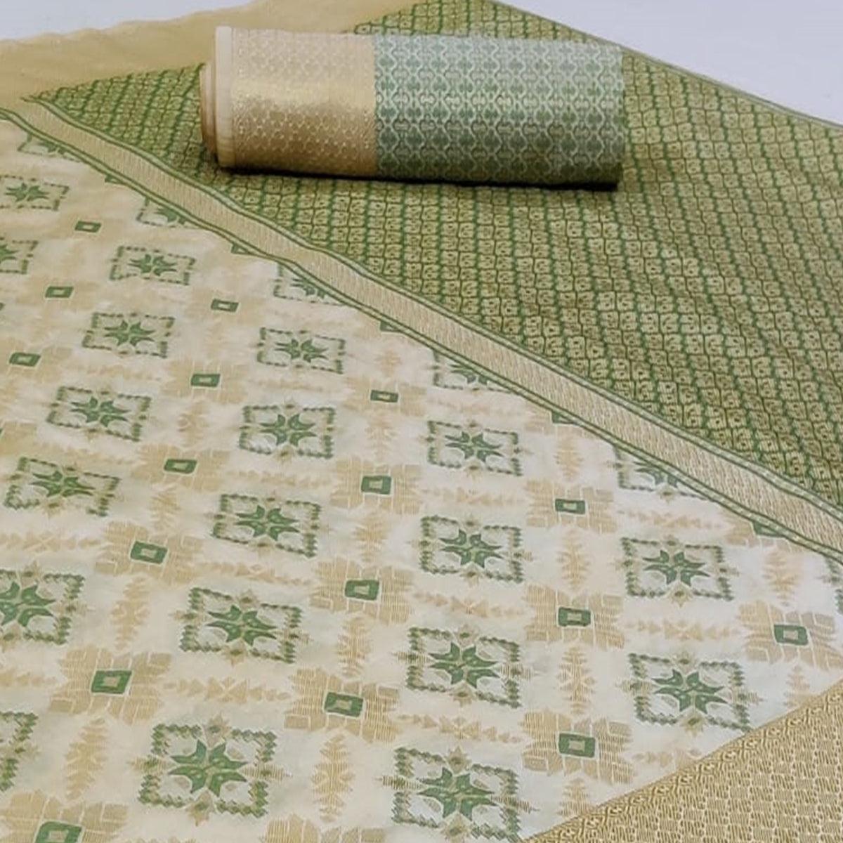 Captivating White Colored Festive Wear Woven Silk Saree - Peachmode