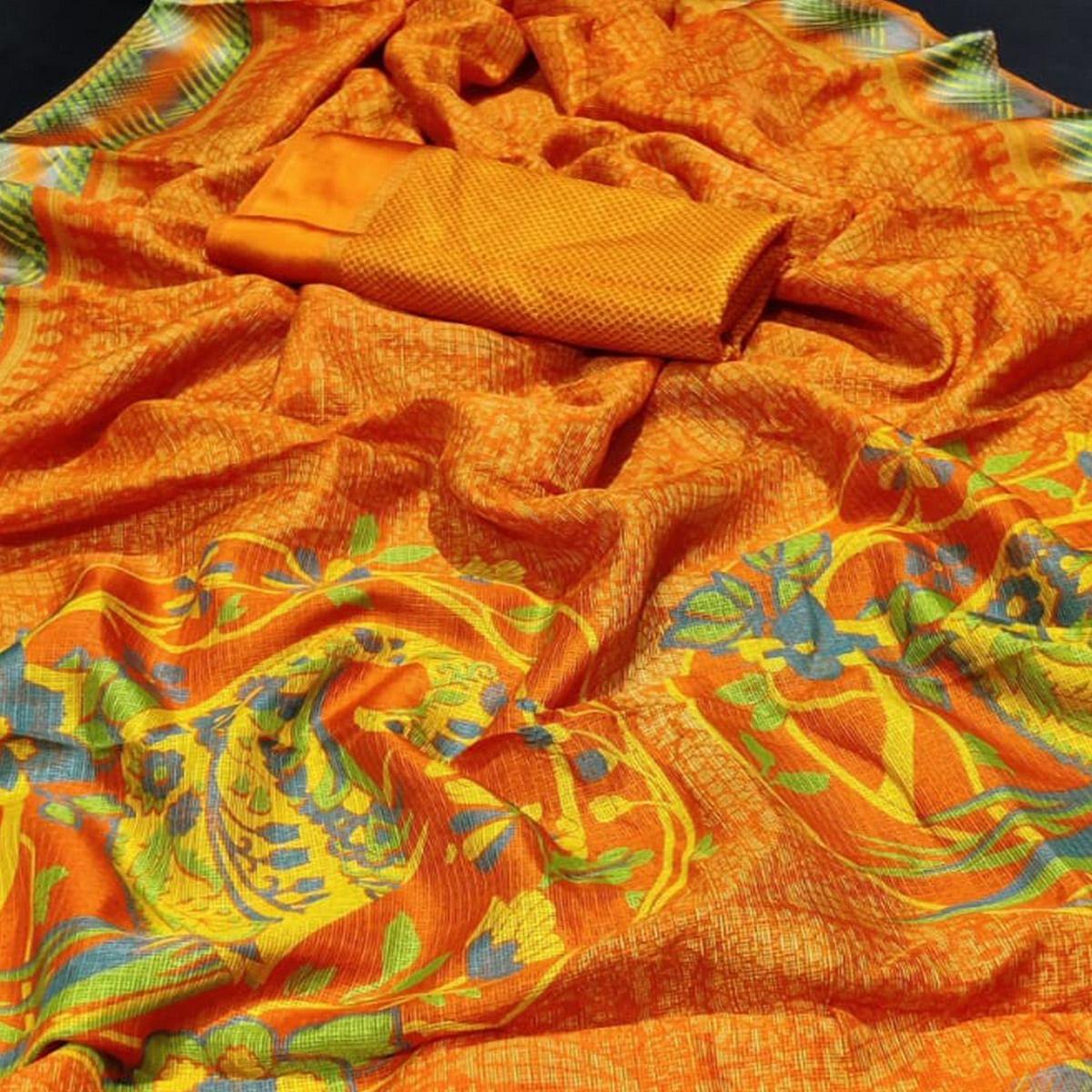 Captivating Yellow Colored Casual Wear Printed Silk Saree - Peachmode