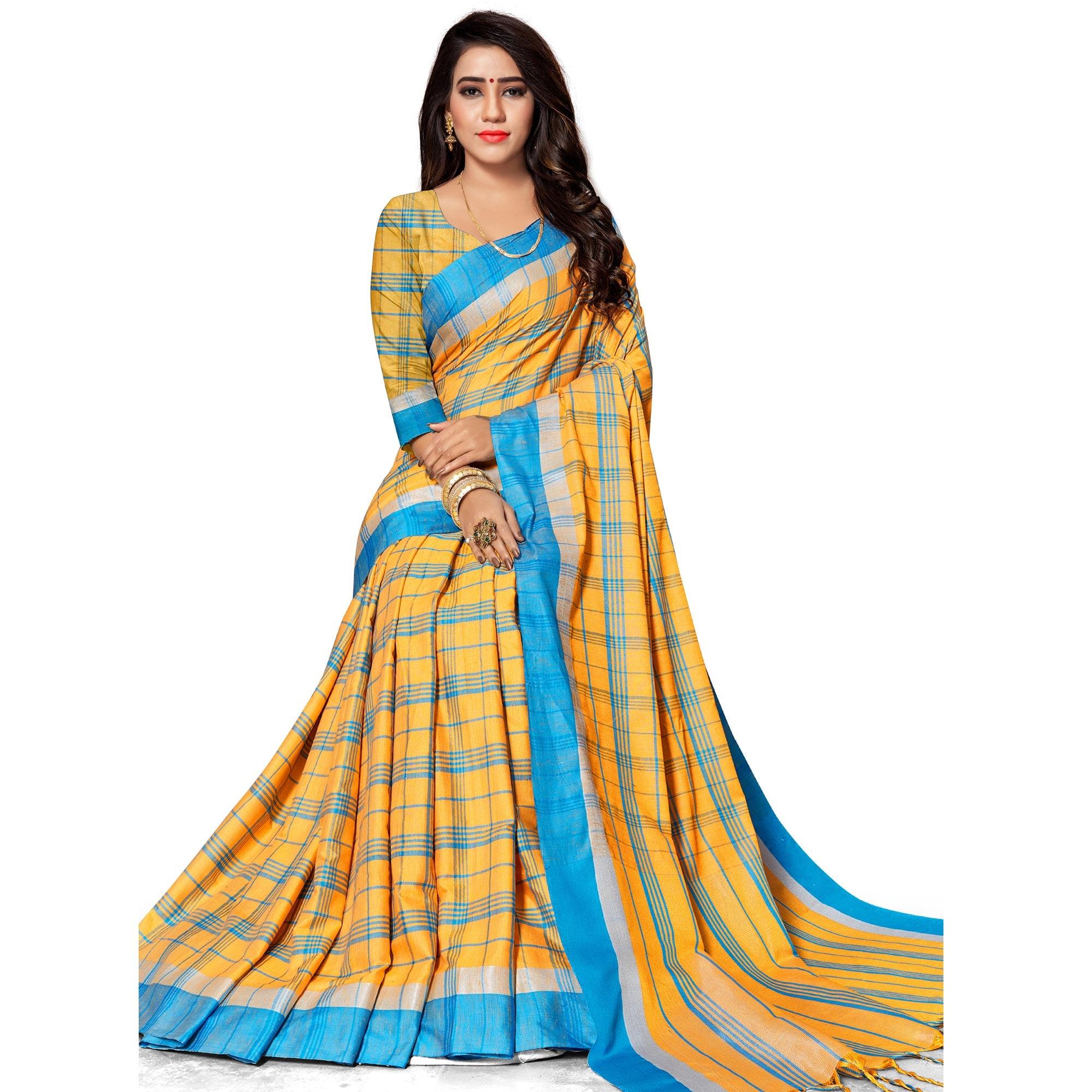 Captivating Yellow Colored Fesive Wear Stripe Print Cotton Silk Saree With Tassels - Peachmode