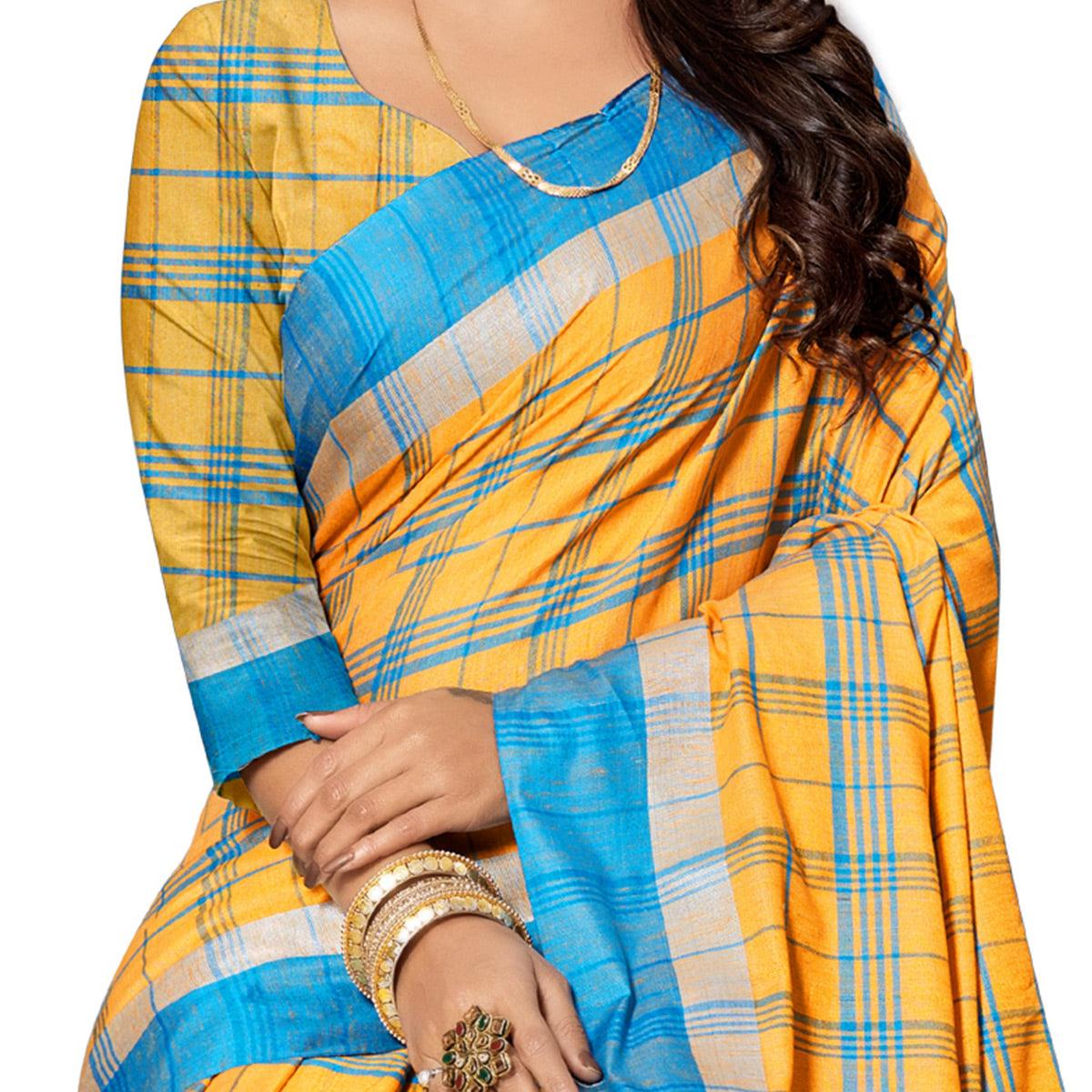 Captivating Yellow Colored Fesive Wear Stripe Print Cotton Silk Saree With Tassels - Peachmode