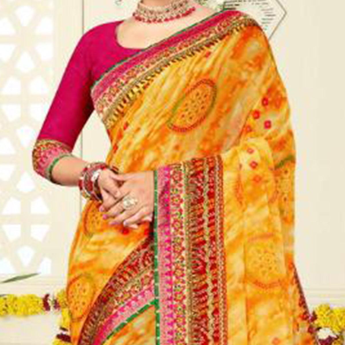 Captivating Yellow Colored Festive Wear Bandhani Print With Zari Border Work And Latkan Heavy Georgette Saree - Peachmode