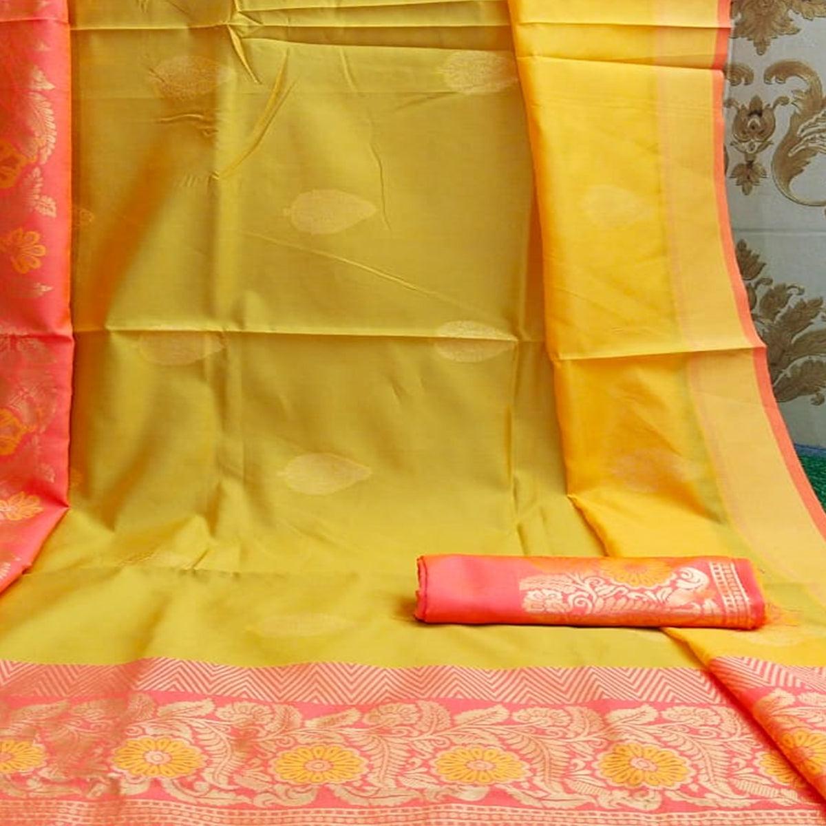 Captivating Yellow Colored Festive Wear Woven Heavy Banarasi Silk Saree - Peachmode