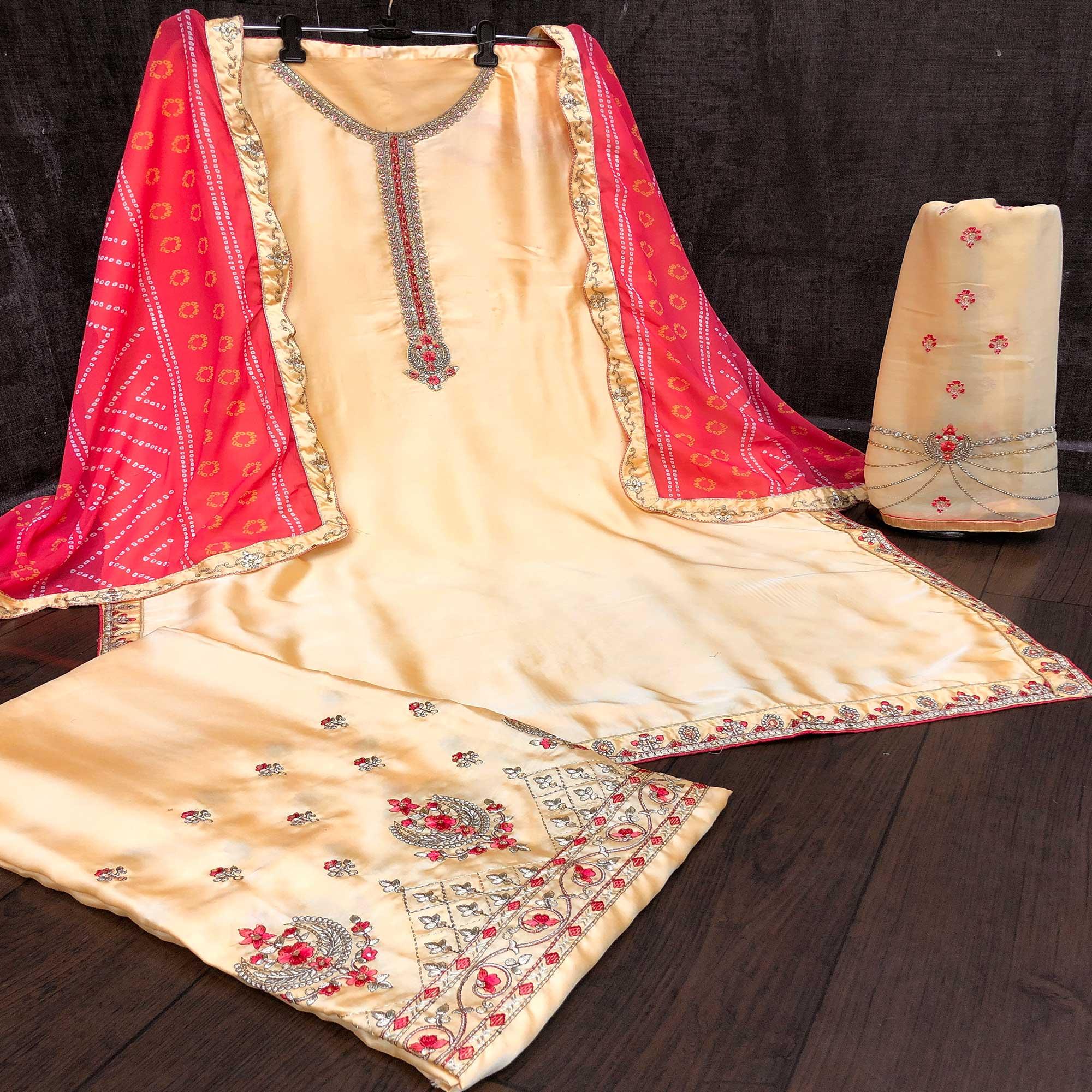 Captivating Yellow Colored Partywear Embroidered Muslin Satin Gharara Suit With Palazzo - Peachmode