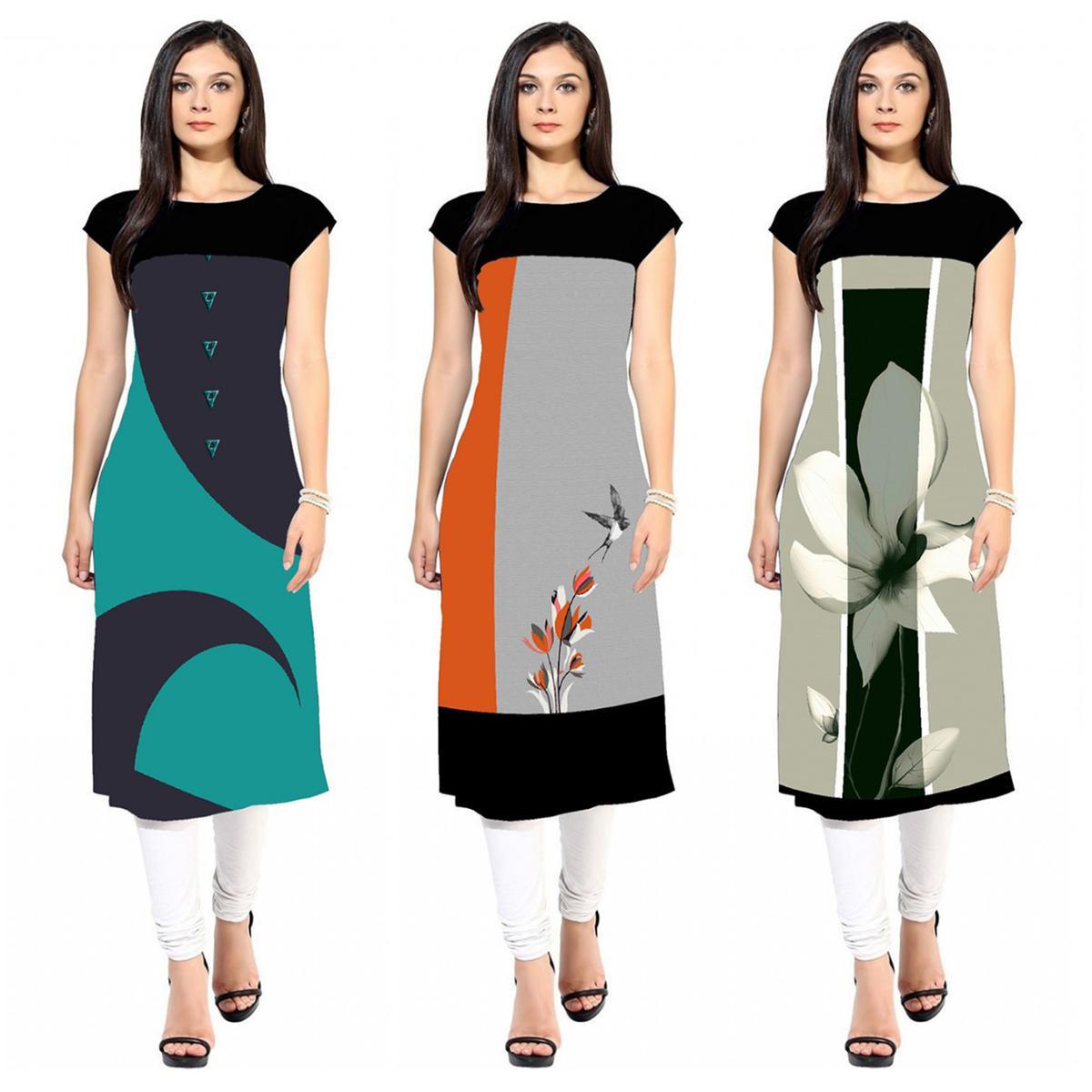 Casual Printed Crepe Kurti - Pack of 3 - Peachmode