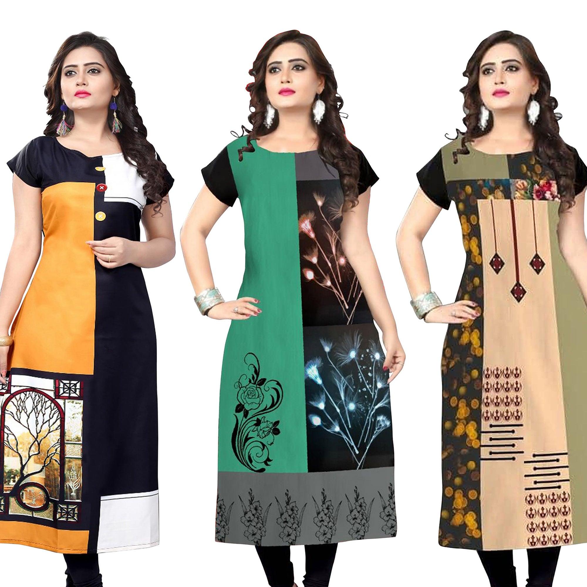 Casual Printed Crepe Kurti - Pack of 3 - Peachmode