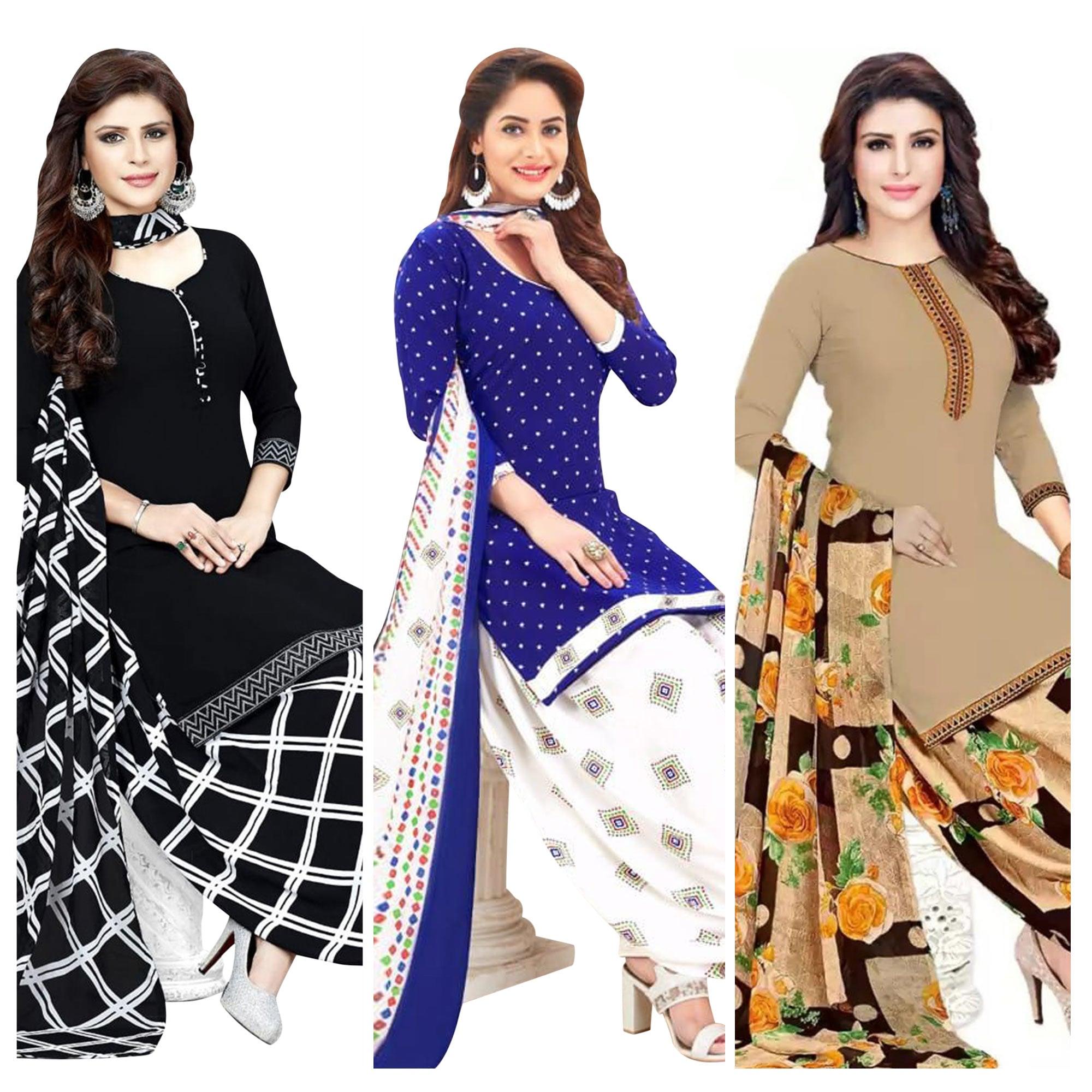 Casual Wear Printed Crepe Dress Material - Pack Of 3 - Peachmode