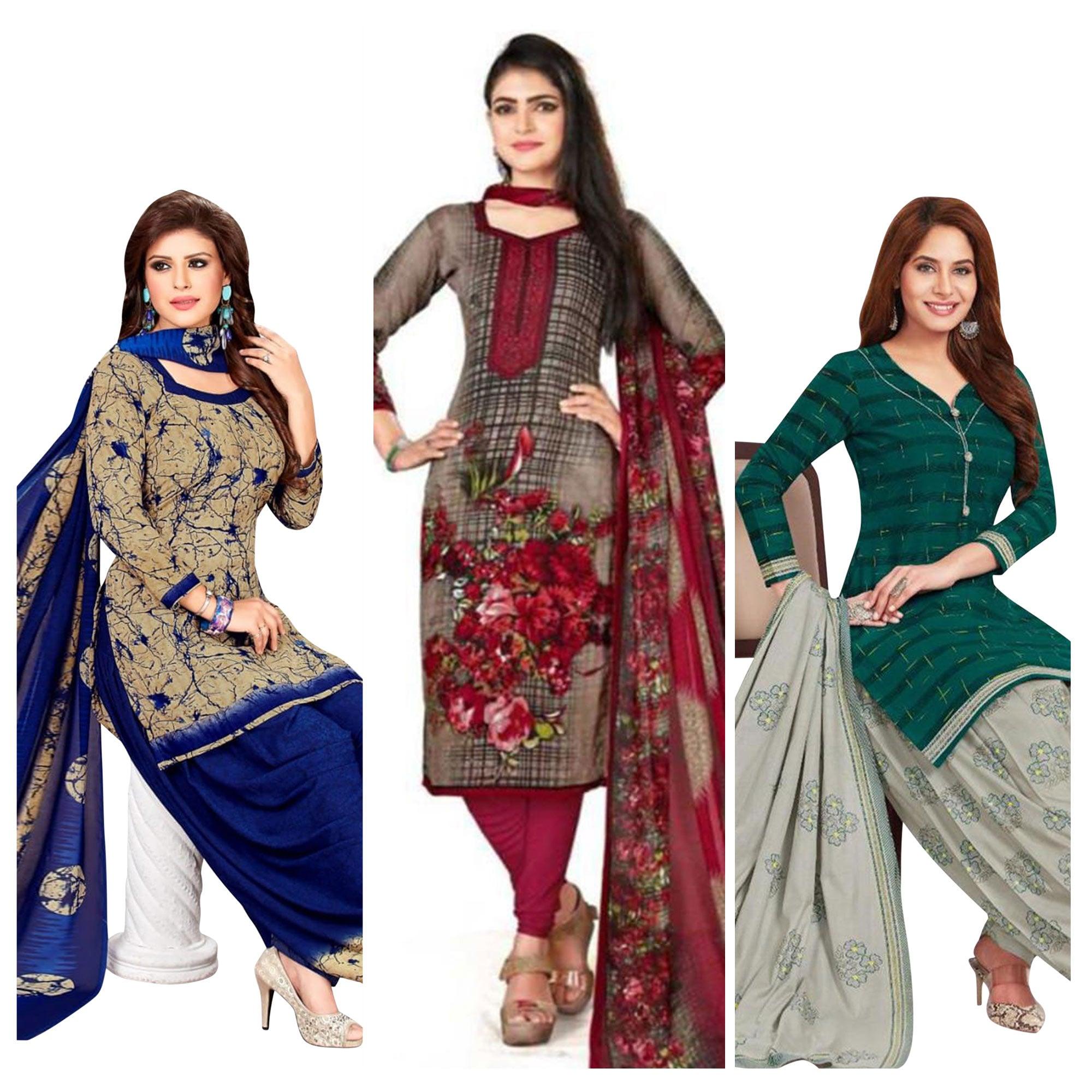 Casual Wear Printed Poly Crepe Dress Material - Pack Of 3 - Peachmode