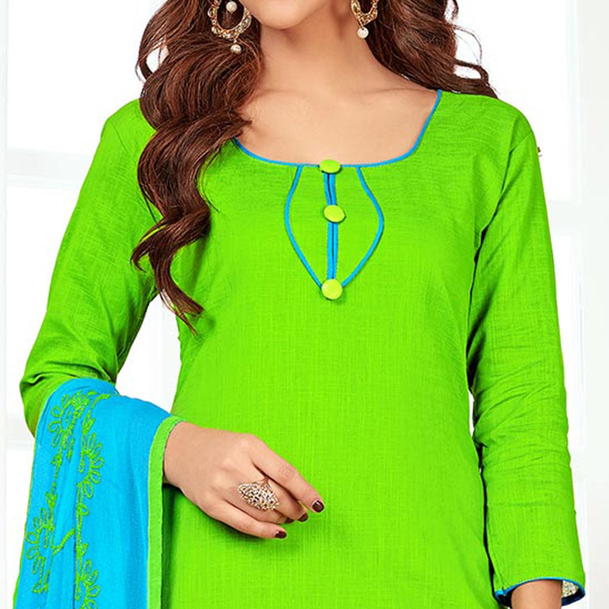 Catchy Green Colored Casual Wear Cotton Suit - Peachmode
