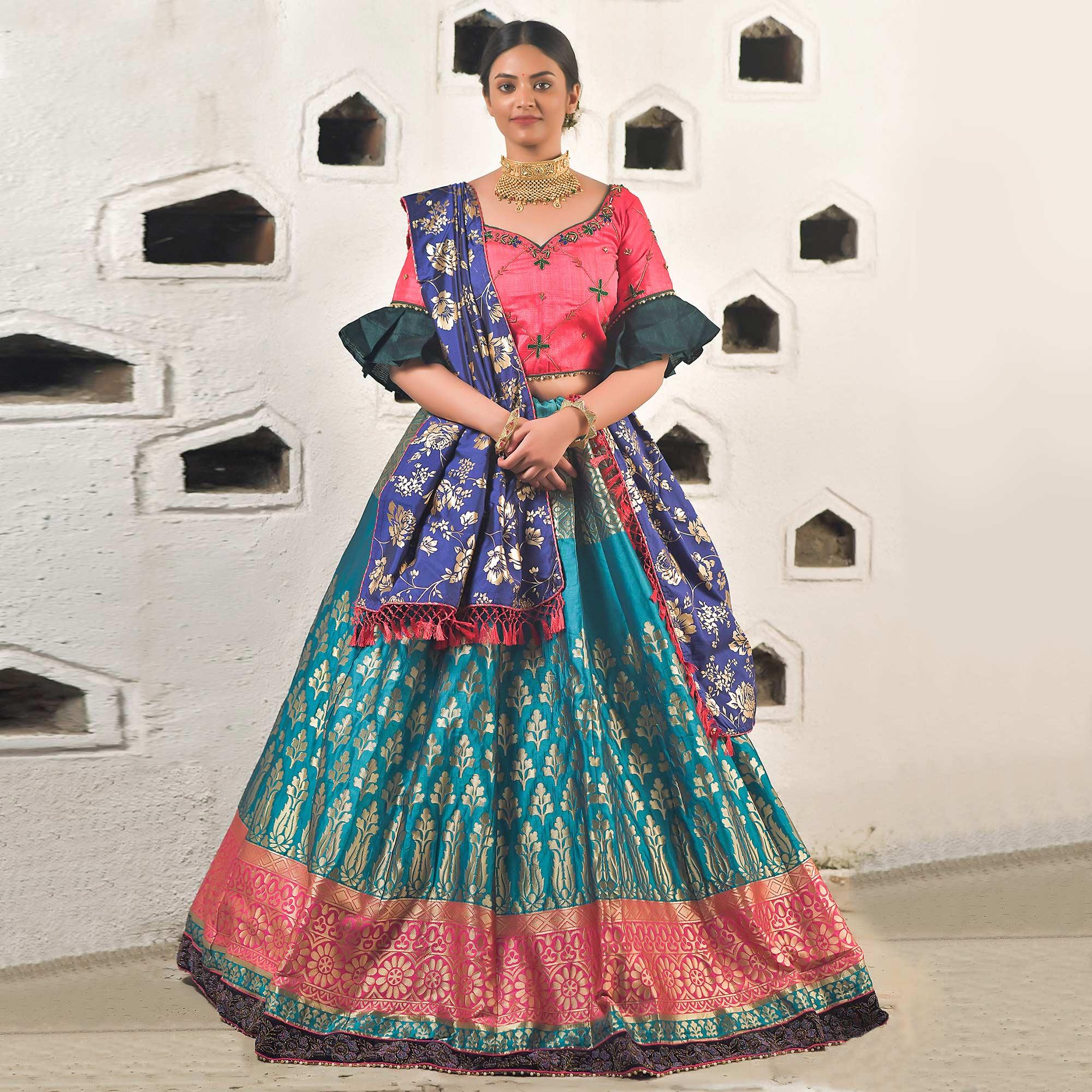Cerulean Blue Festive Wear Cutdana With Resham & Zardosi Work Banarasi Art Silk Lehenga Choli - Peachmode