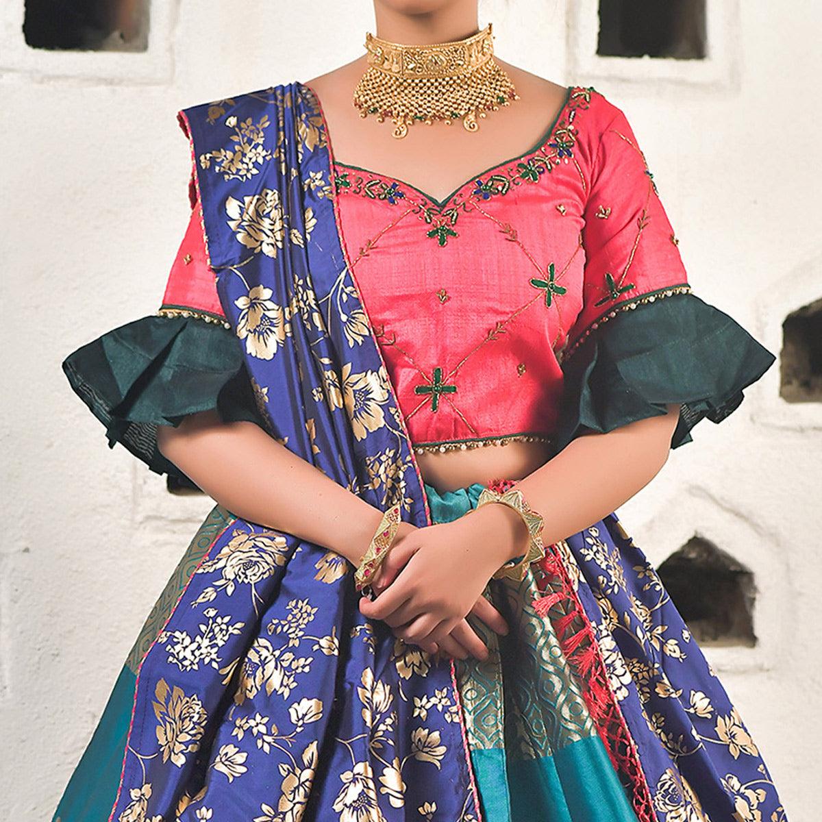 Cerulean Blue Festive Wear Cutdana With Resham & Zardosi Work Banarasi Art Silk Lehenga Choli - Peachmode
