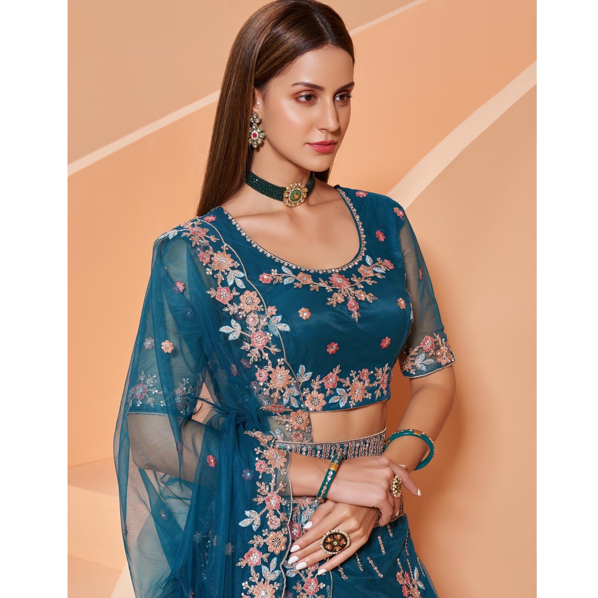 Cerulean Blue Partywear Floral Embroidered Embellished Net Lehenga Choli - Peachmode