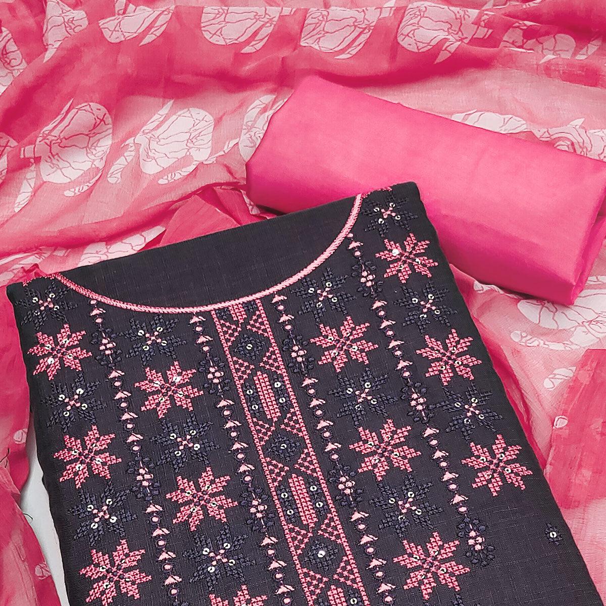 Charcoal Floral Embroidered Cotton Blend Dress Material - Peachmode
