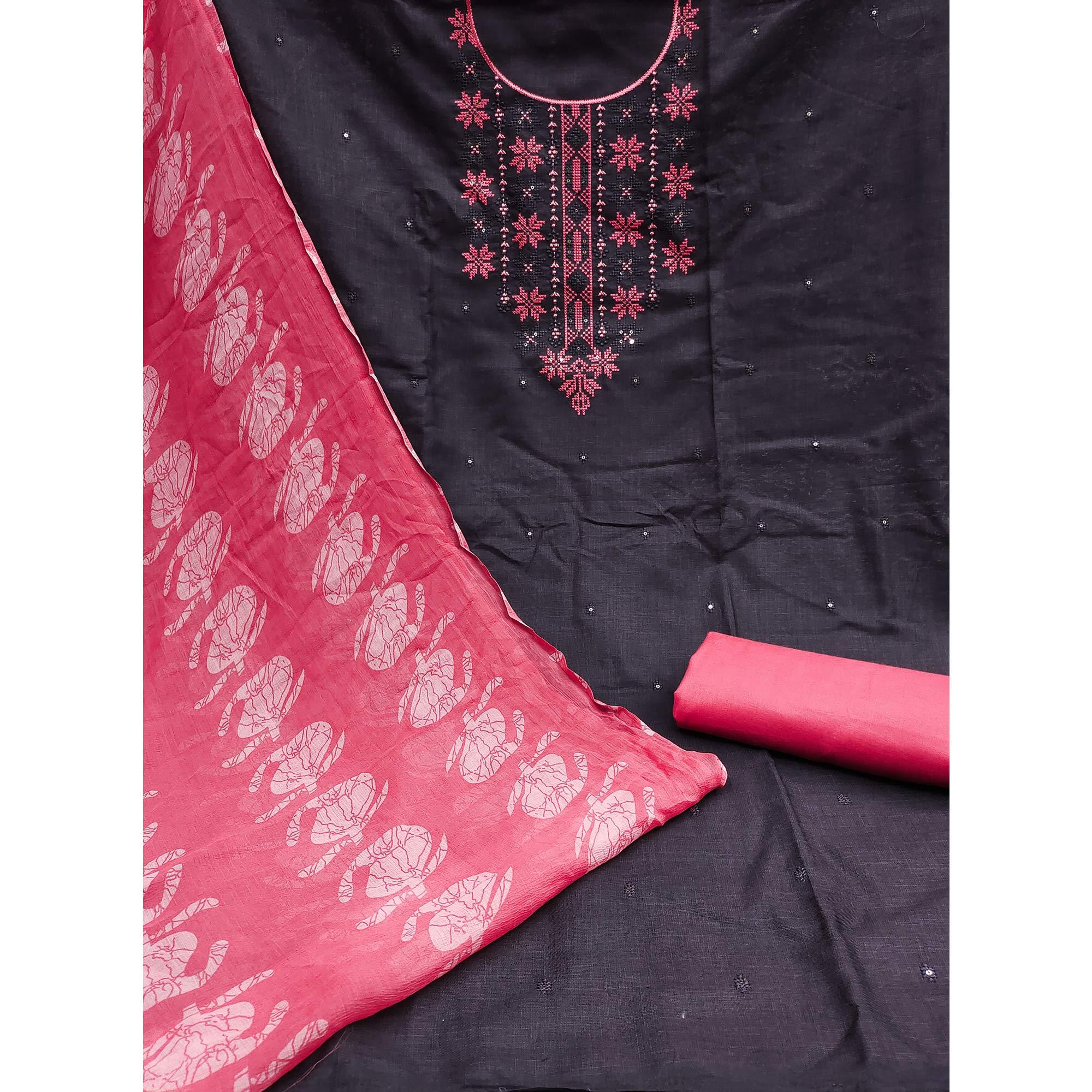 Charcoal Floral Embroidered Cotton Blend Dress Material - Peachmode