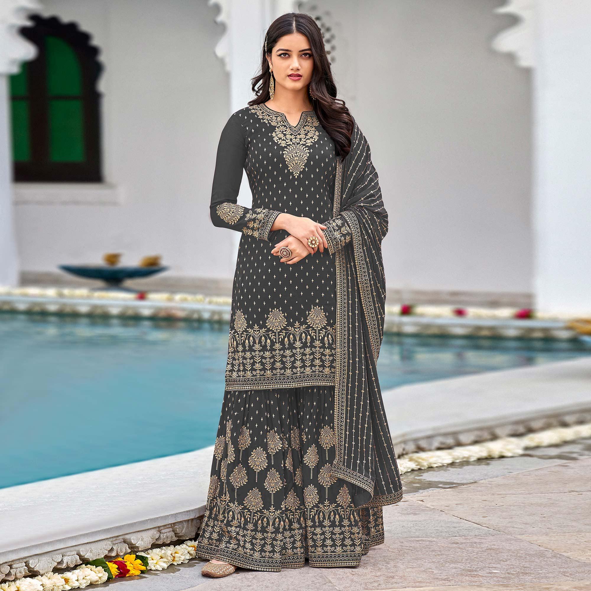 Charcoal Grey Partywear Embroidery With Sequence Heavy Faux Georgette Salwar Suit - Peachmode