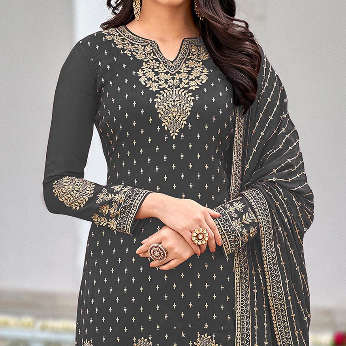 Charcoal Grey Partywear Embroidery With Sequence Heavy Faux Georgette Salwar Suit - Peachmode