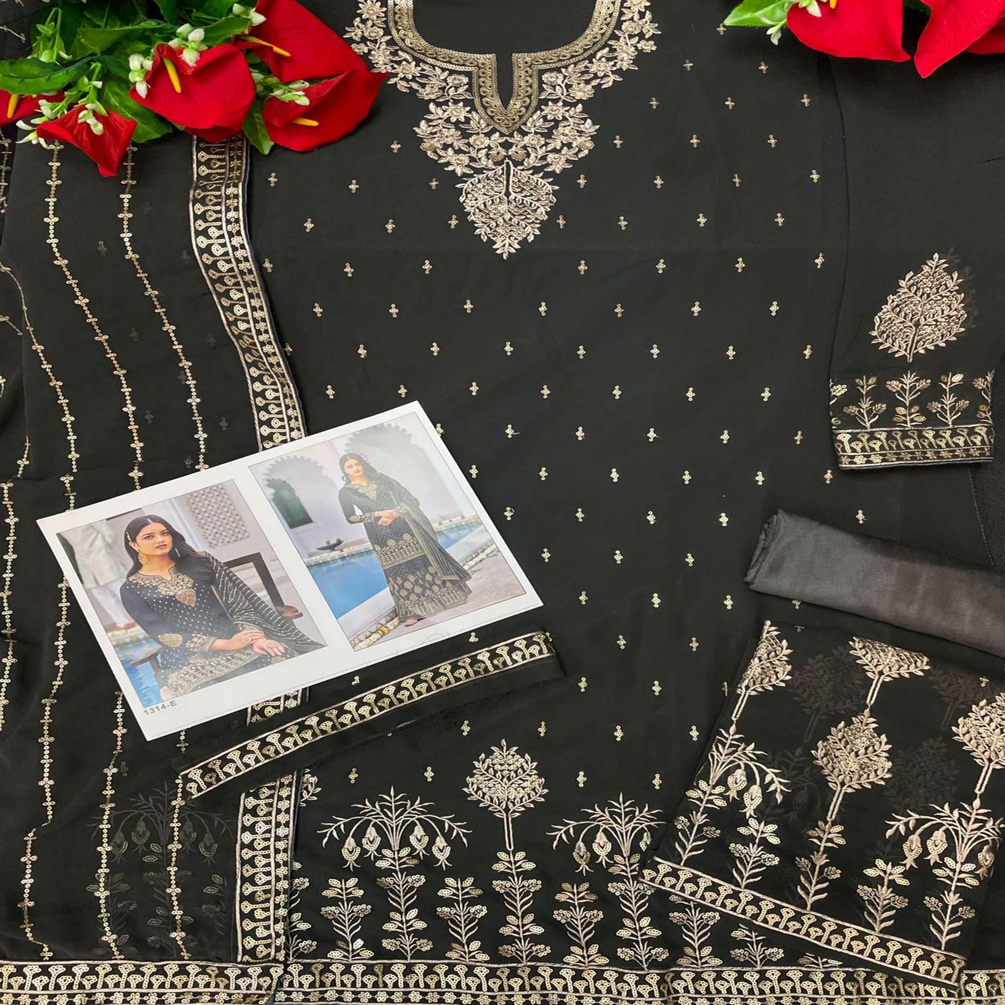 Charcoal Grey Partywear Embroidery With Sequence Heavy Faux Georgette Salwar Suit - Peachmode