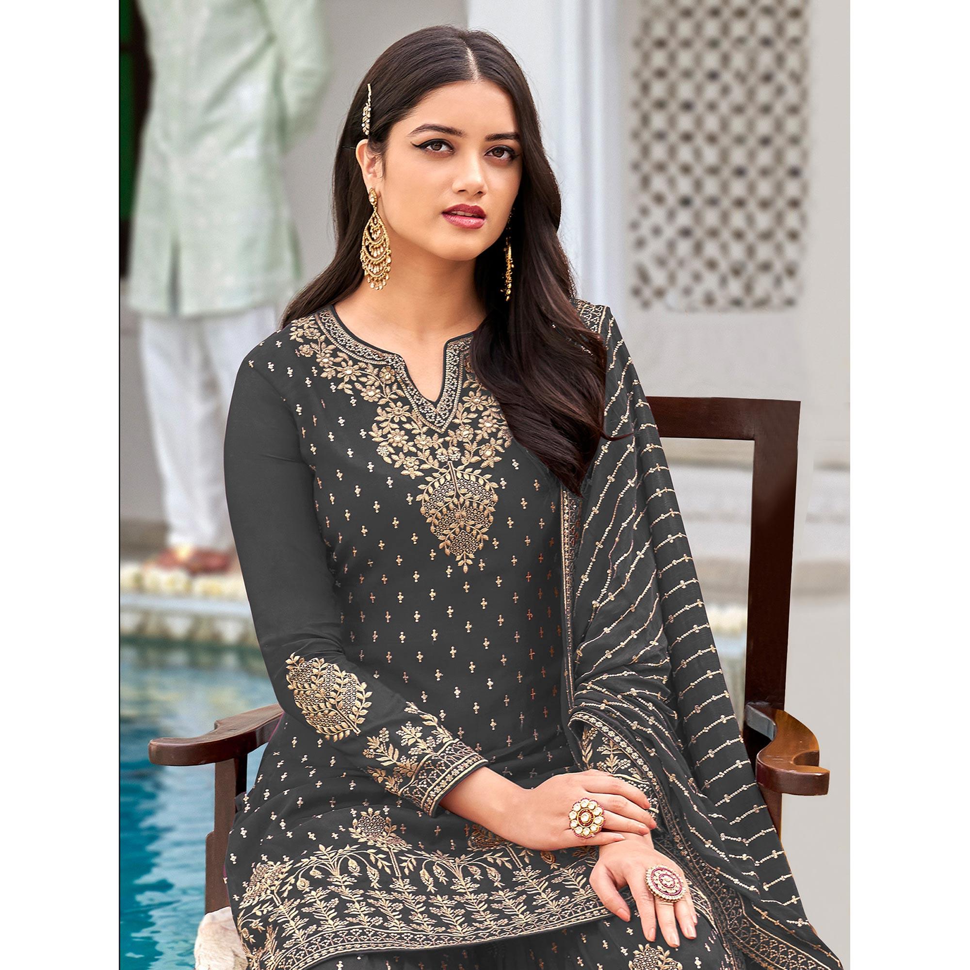 Charcoal Grey Partywear Embroidery With Sequence Heavy Faux Georgette Salwar Suit - Peachmode