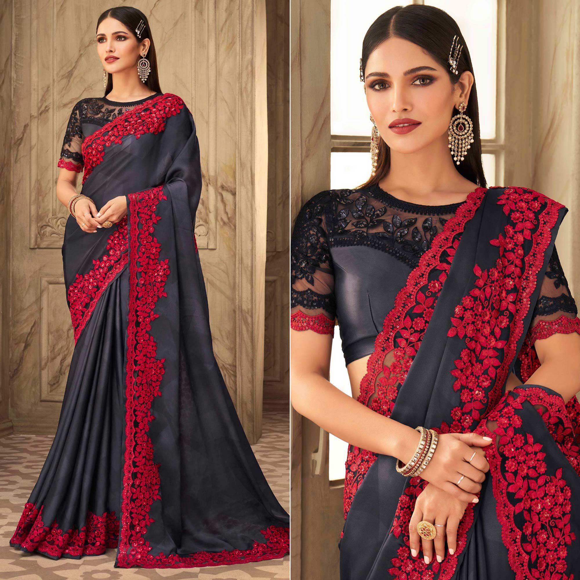 Charcoal Grey Partywear Sequence Embroidered  Silk Saree - Peachmode