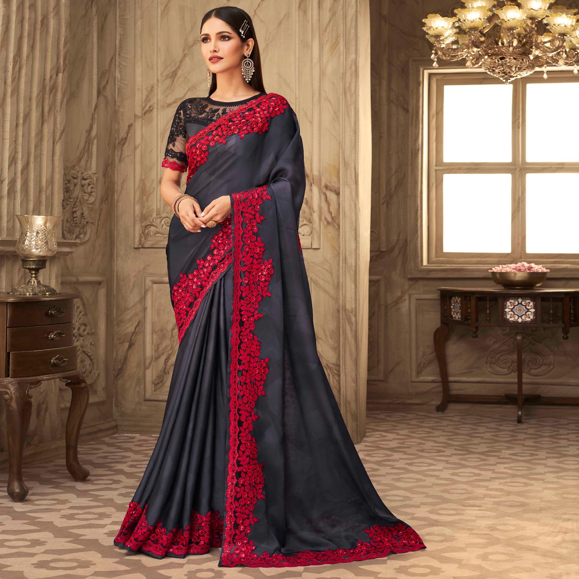 Charcoal Grey Partywear Sequence Embroidered  Silk Saree - Peachmode