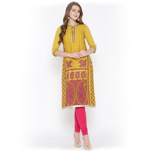 Charismatic Yellow Floral Printed Casual Wear Poly Muslin Kurti - Peachmode