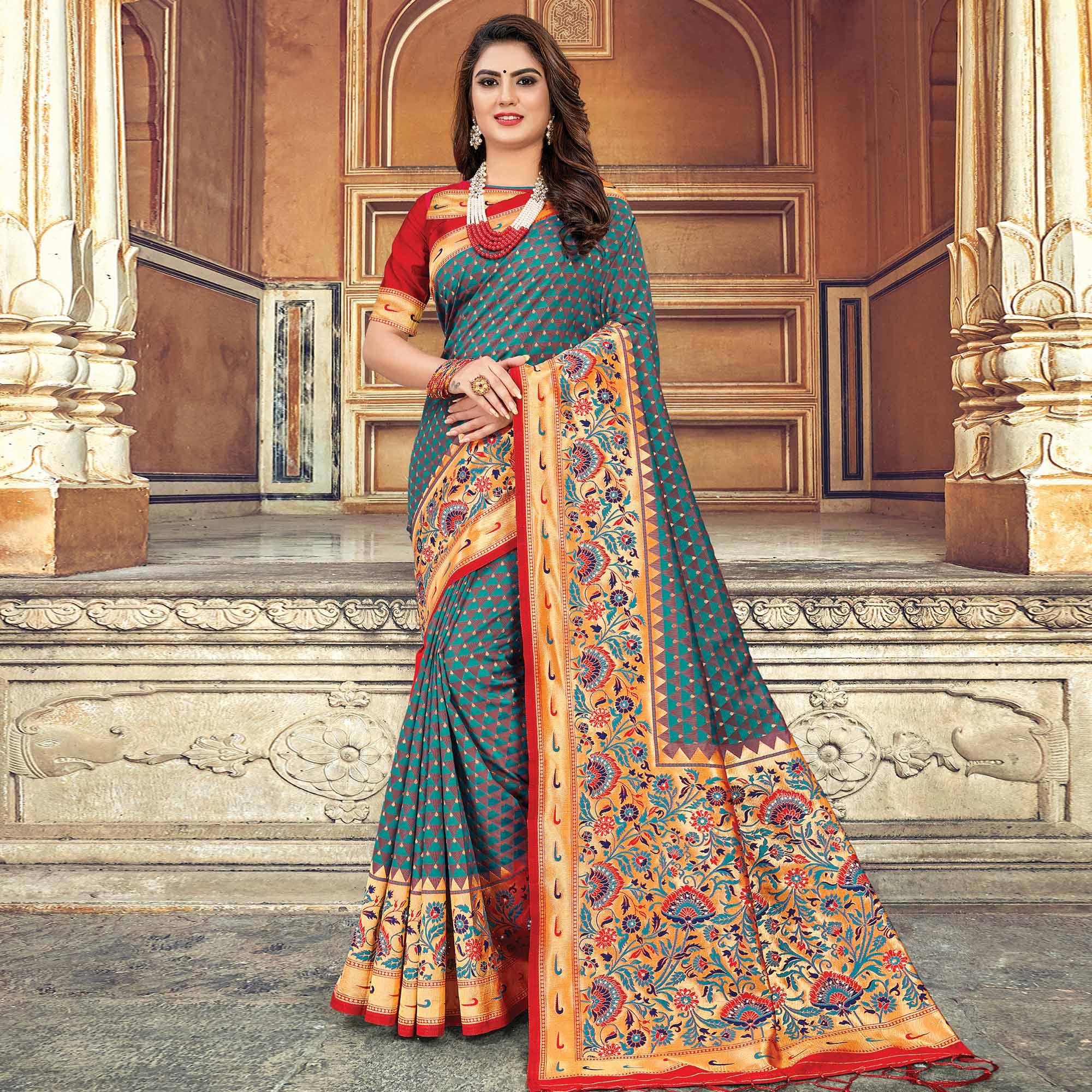 Charming Aqua Blue Colored Festive Wear Woven Silk Saree - Peachmode