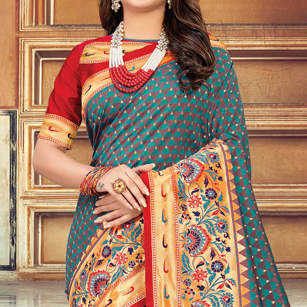 Charming Aqua Blue Colored Festive Wear Woven Silk Saree - Peachmode