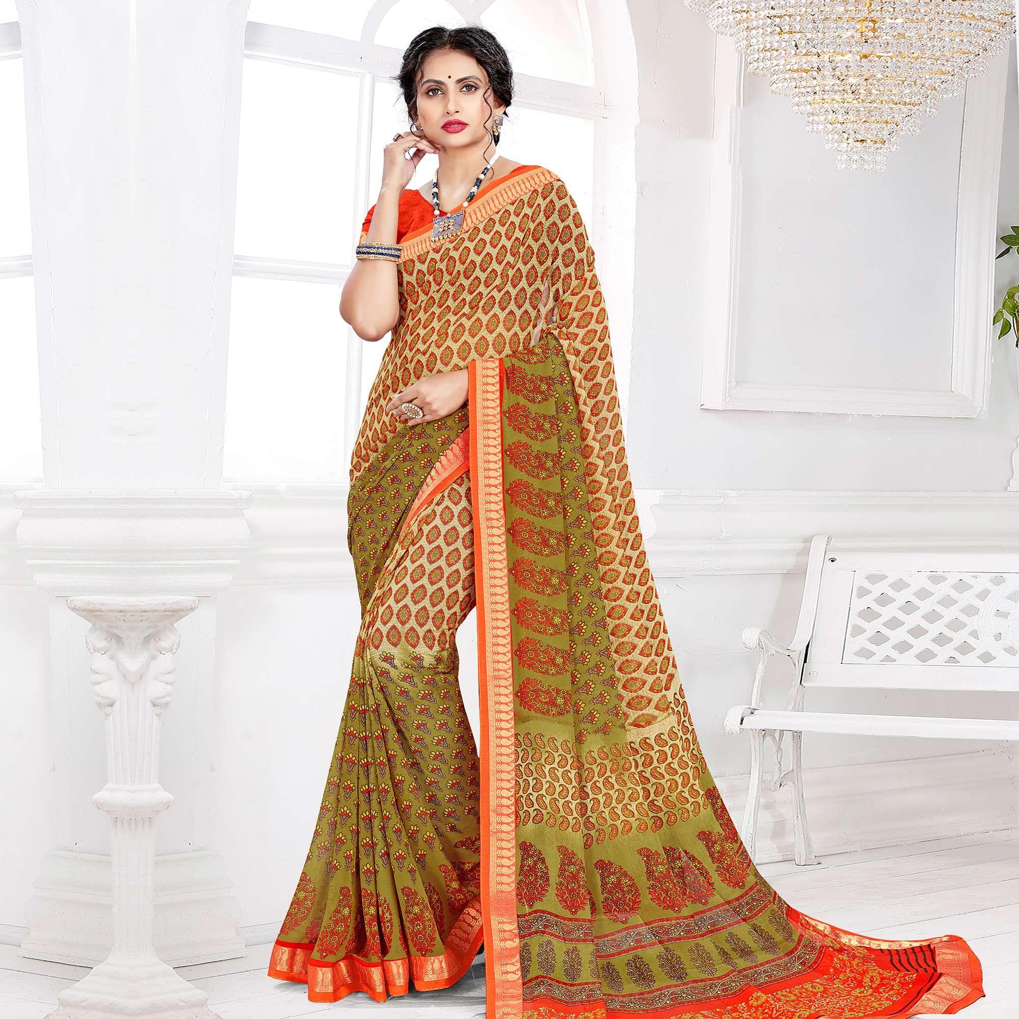 Charming Beige Colored Casual Wear Printed Georgette Saree - Peachmode