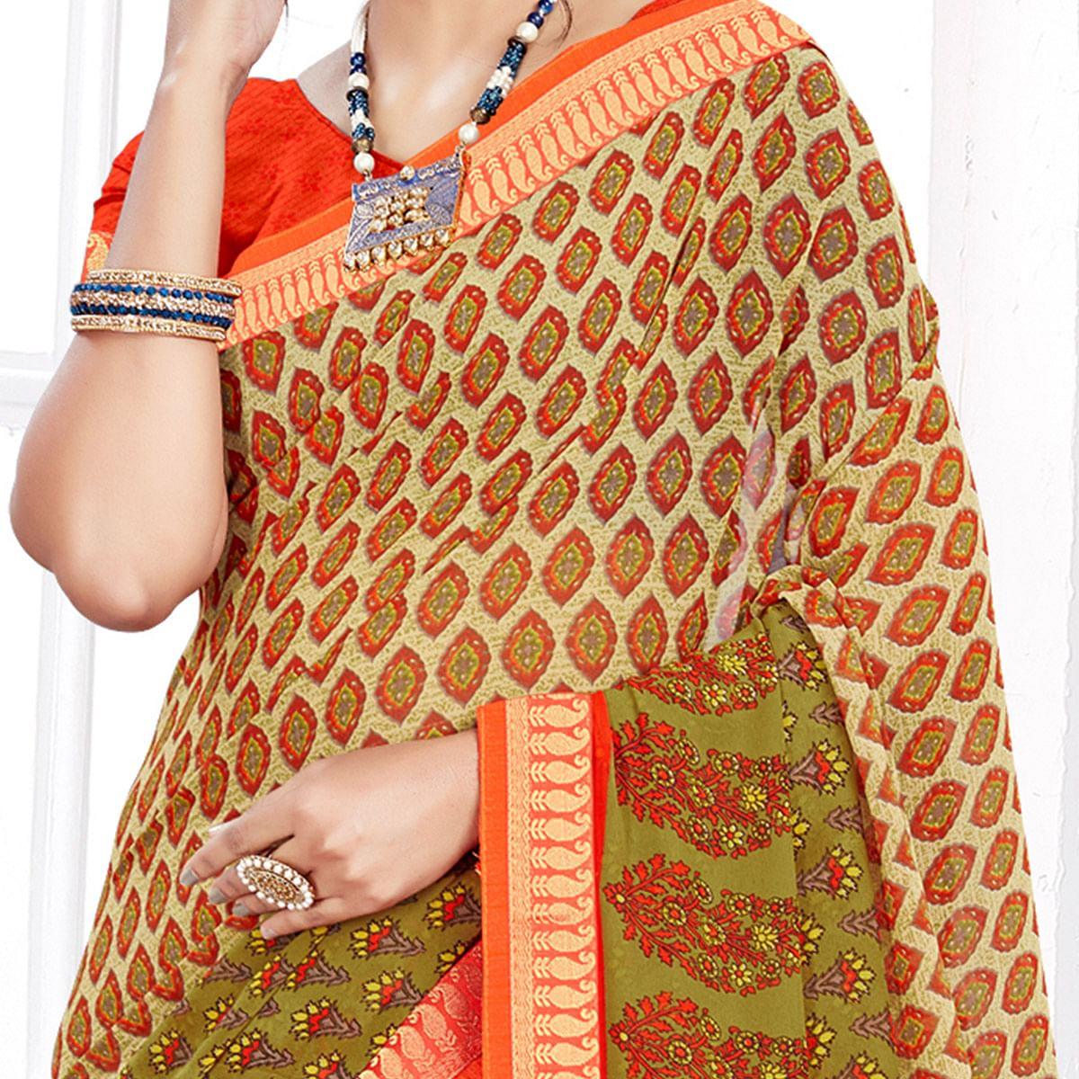 Charming Beige Colored Casual Wear Printed Georgette Saree - Peachmode