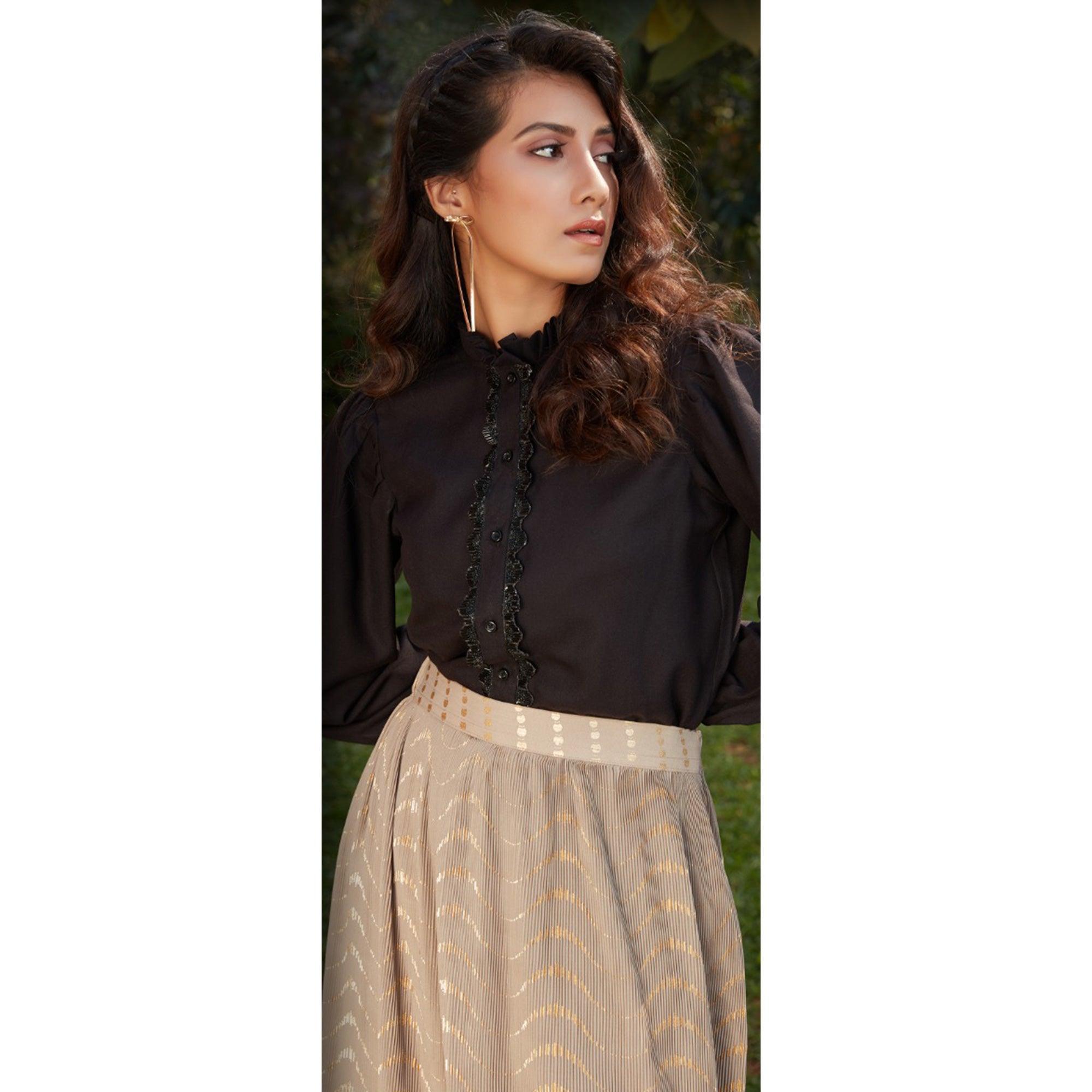 Charming Black-Beige Colored Casual Wear Printed Western Crop Top - Skirt Set - Peachmode