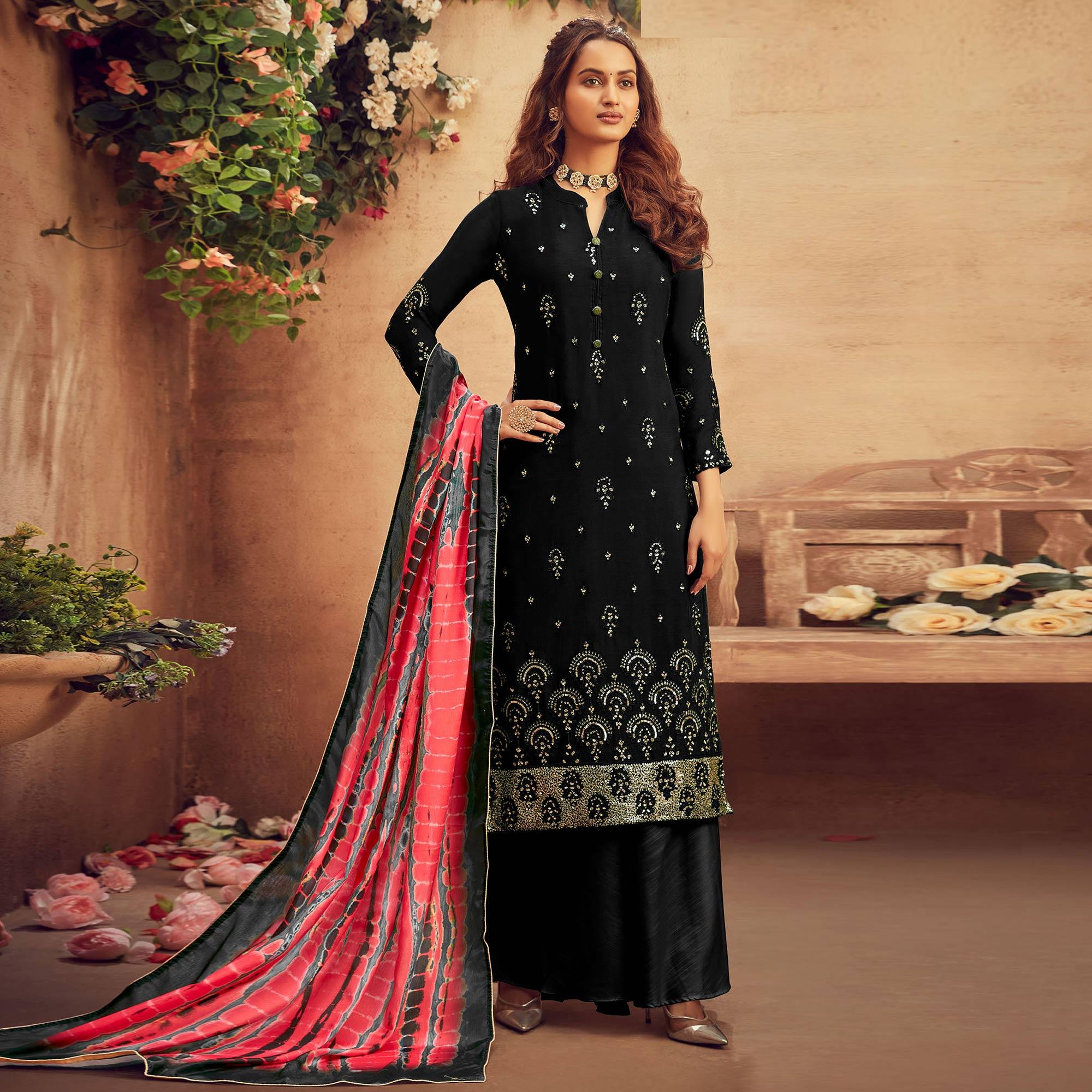 Charming Black Colored Embroidered Designer Partywear Heavy Faux Georgettesuit - Peachmode