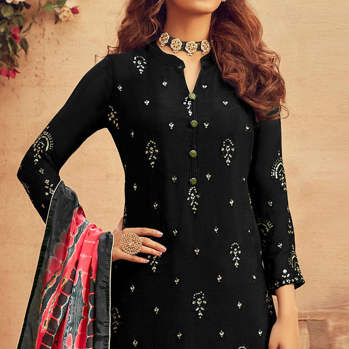 Charming Black Colored Embroidered Designer Partywear Heavy Faux Georgettesuit - Peachmode
