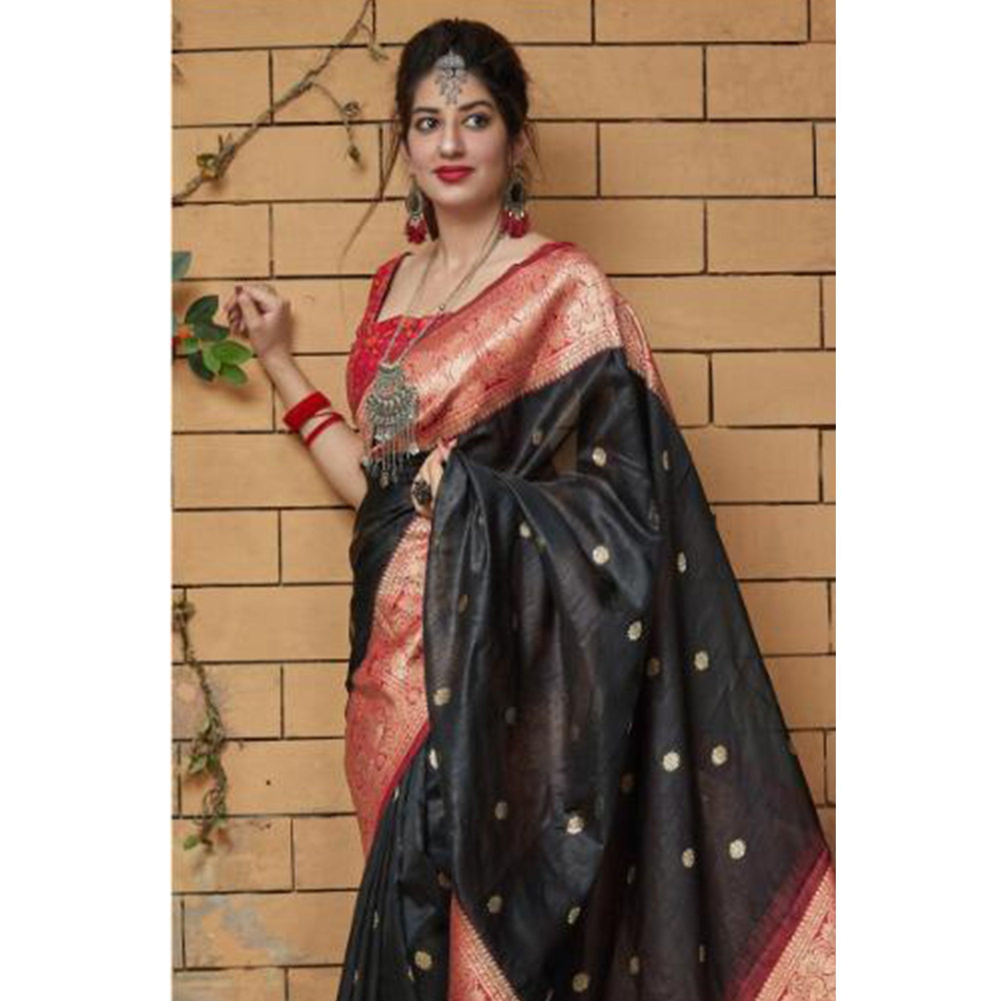 Charming Black Colored Festive Wear Woven Banarasi Art Silk Saree - Peachmode