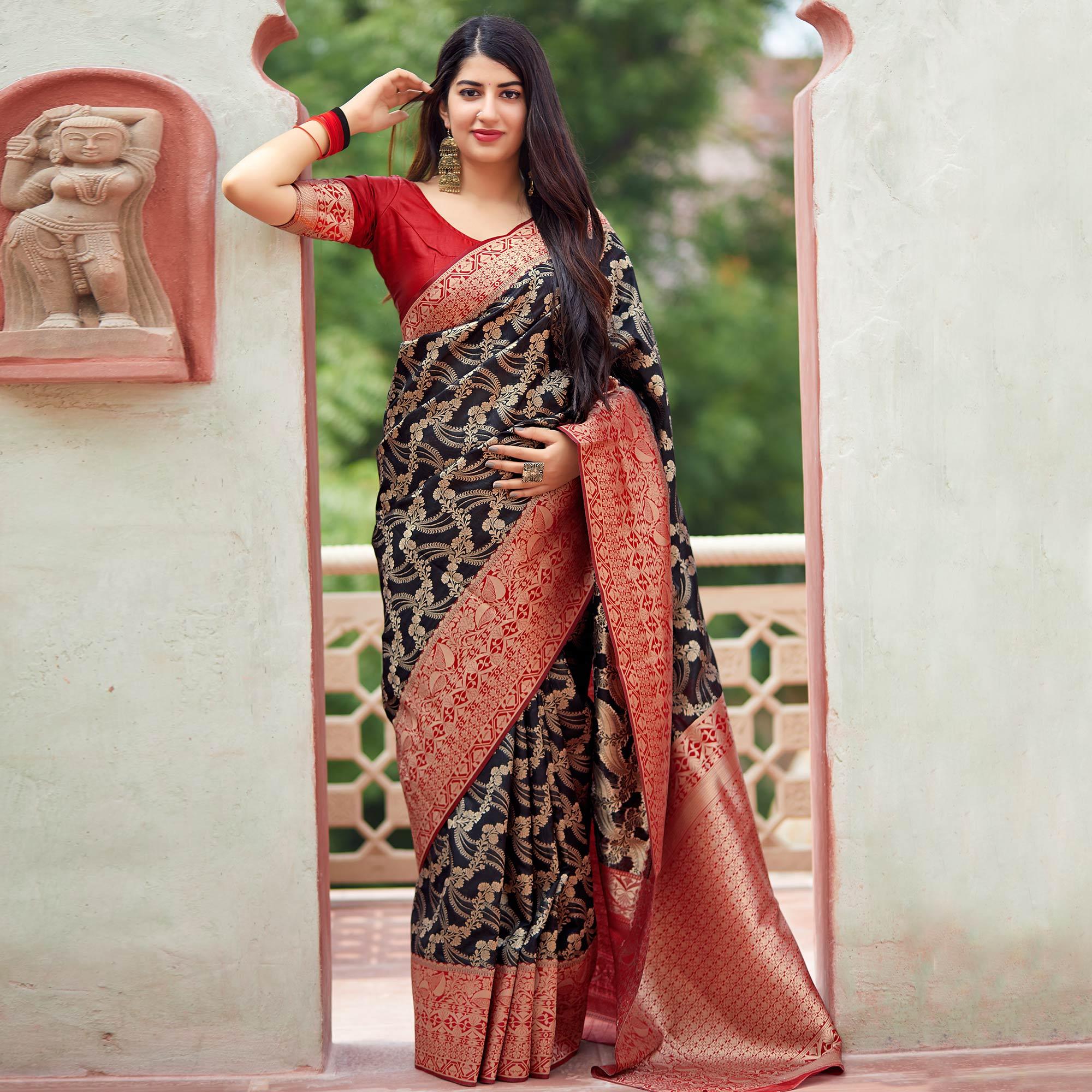 Charming Black Colored Festive Wear Woven Banarasi Silk Saree - Peachmode