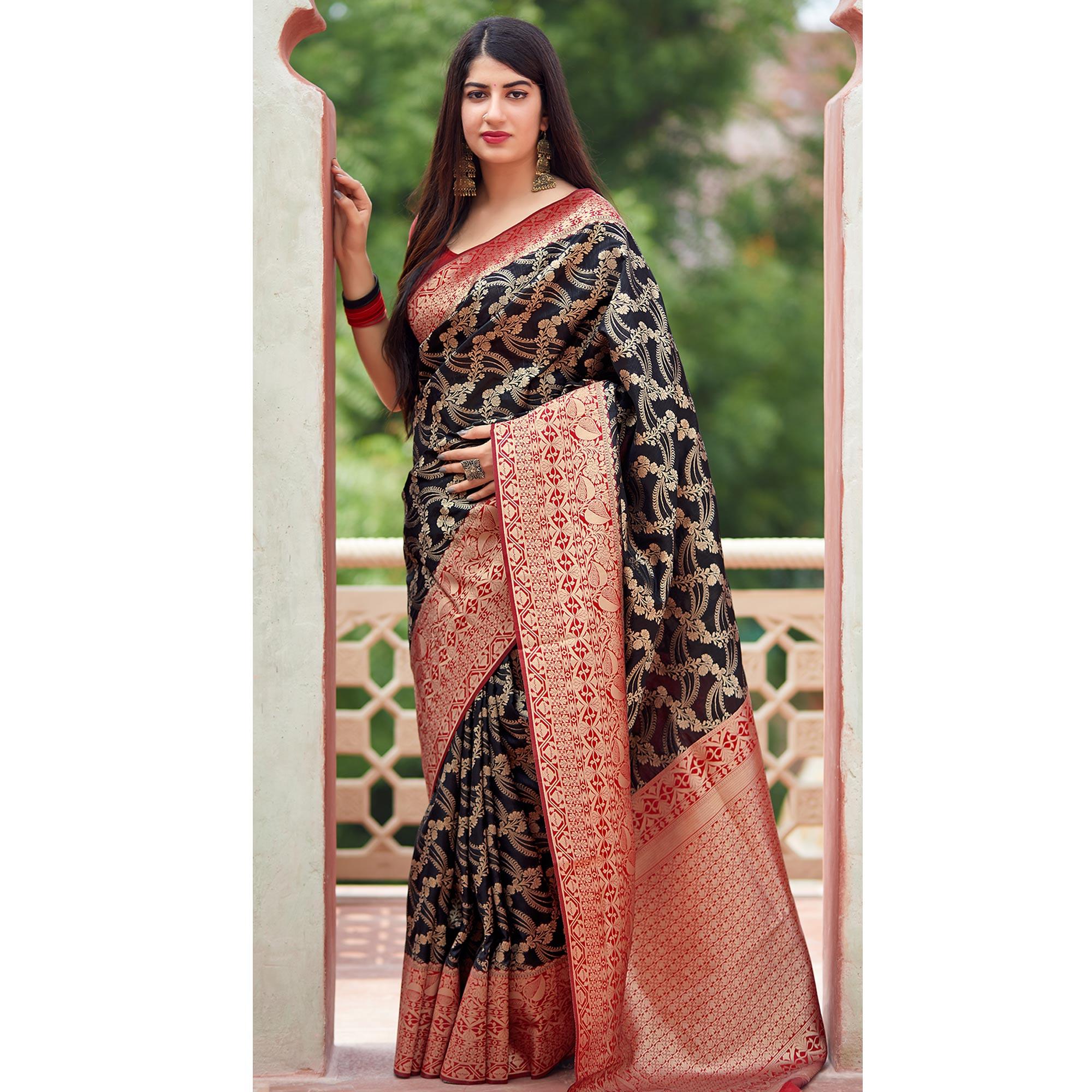 Charming Black Colored Festive Wear Woven Banarasi Silk Saree - Peachmode