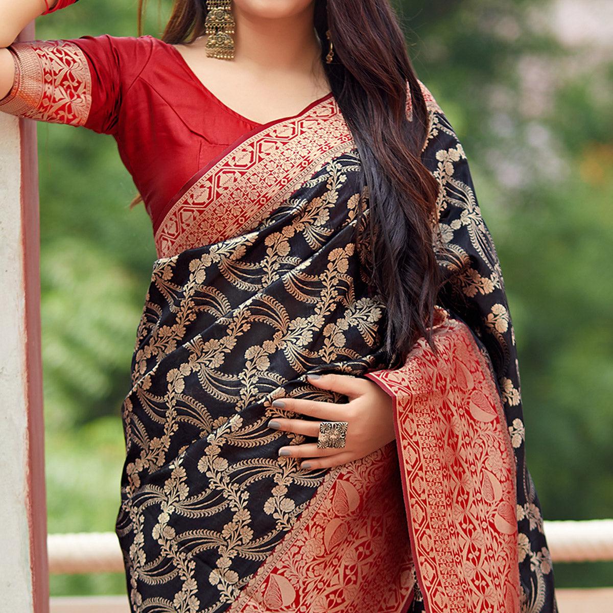 Charming Black Colored Festive Wear Woven Banarasi Silk Saree - Peachmode