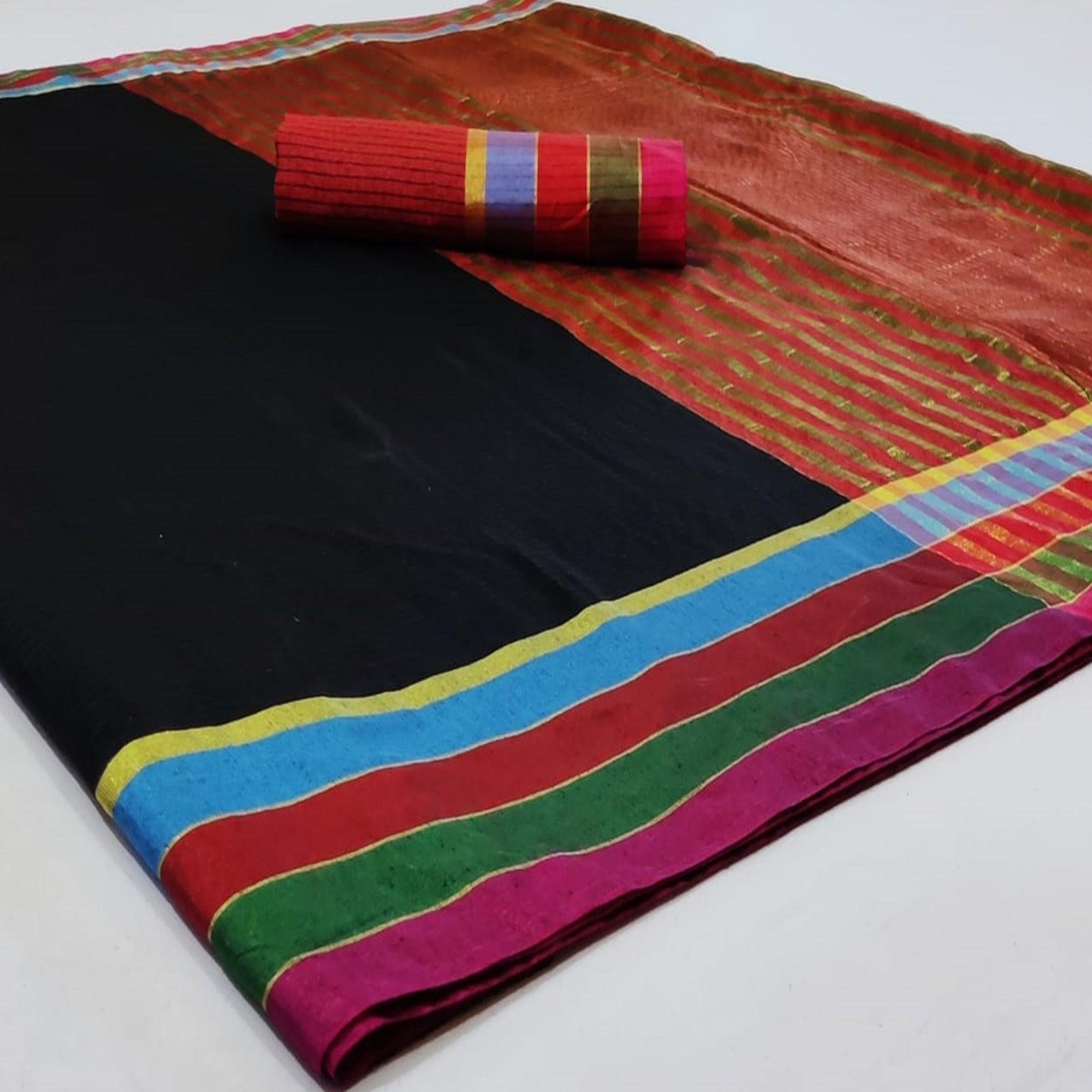 Charming Black Colored Festive Wear Woven Cotton Saree - Peachmode