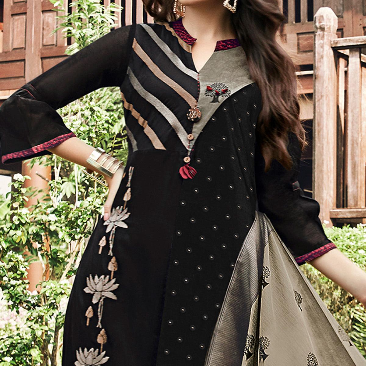 Black Thread Embroidered Bodice Flared Long Kurti - KRTEH1563 from...