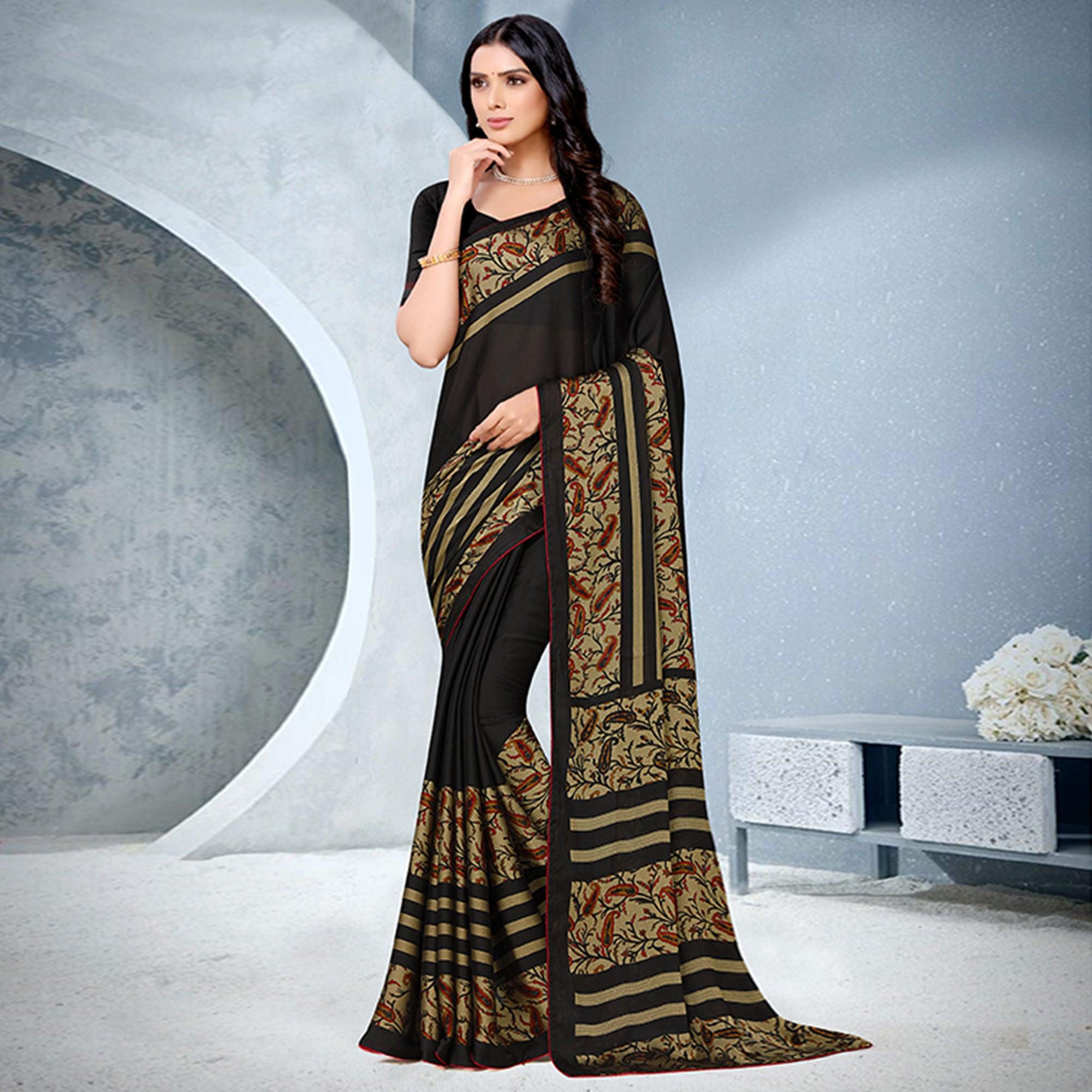 Charming Black Coloured Lace Piping Work Casual Wear Georgette Saree - Peachmode