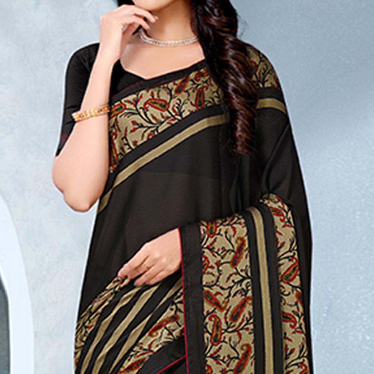 Charming Black Coloured Lace Piping Work Casual Wear Georgette Saree - Peachmode