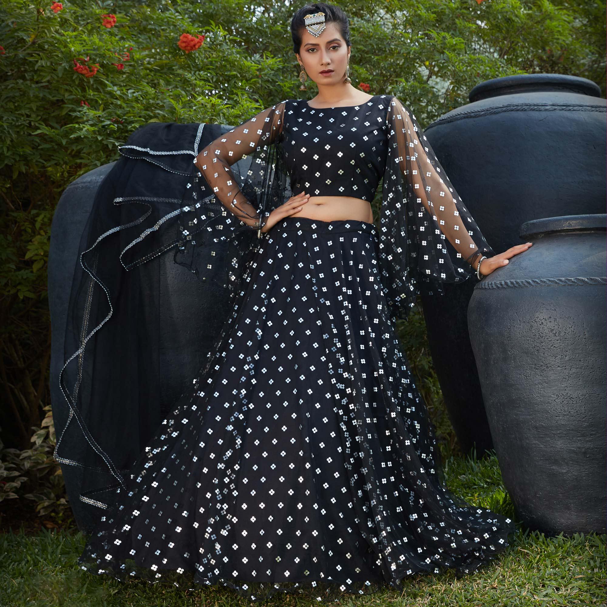 Charming Black Coloured Metallic Foil Printed Net Lehenga Choli - Peachmode