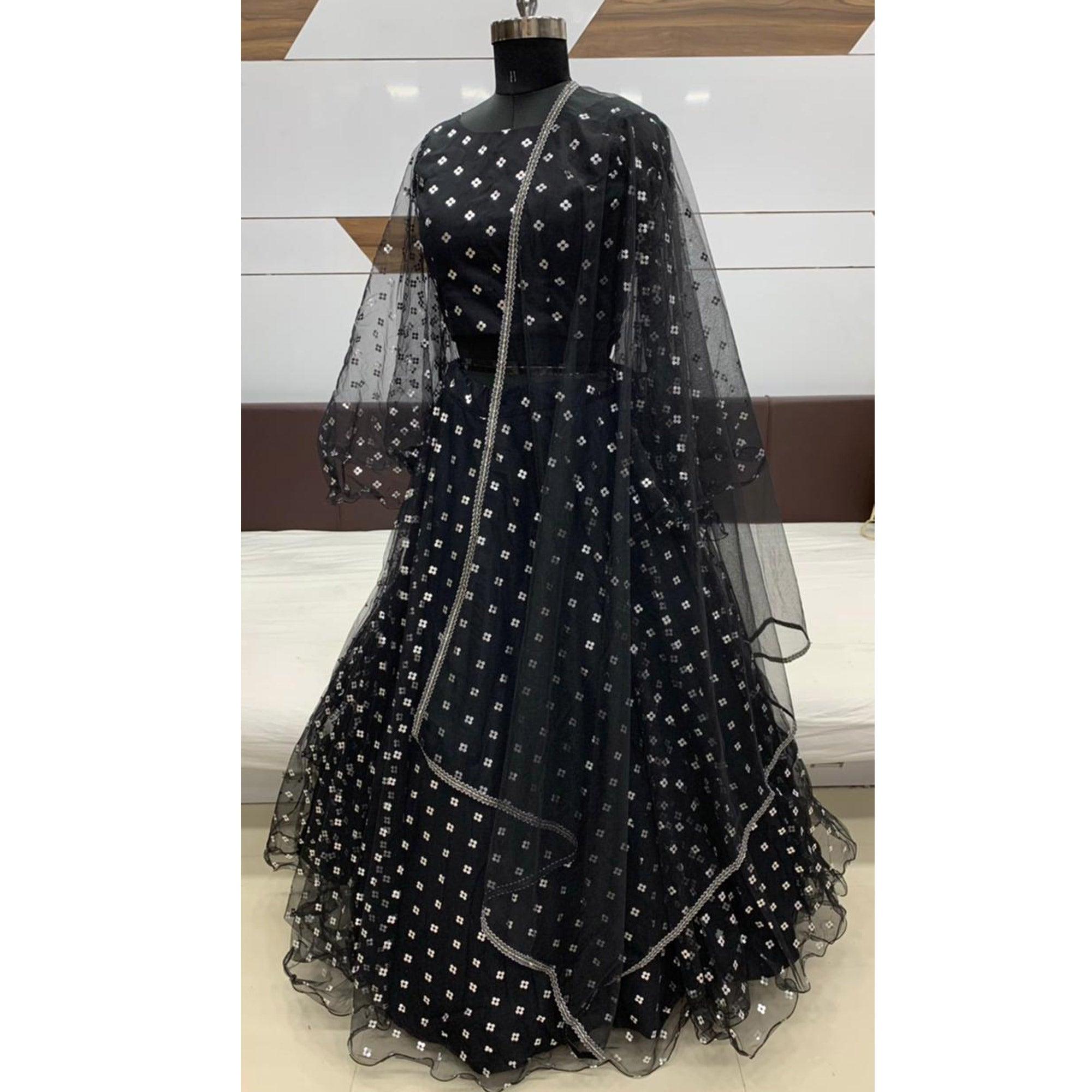 Charming Black Coloured Metallic Foil Printed Net Lehenga Choli - Peachmode