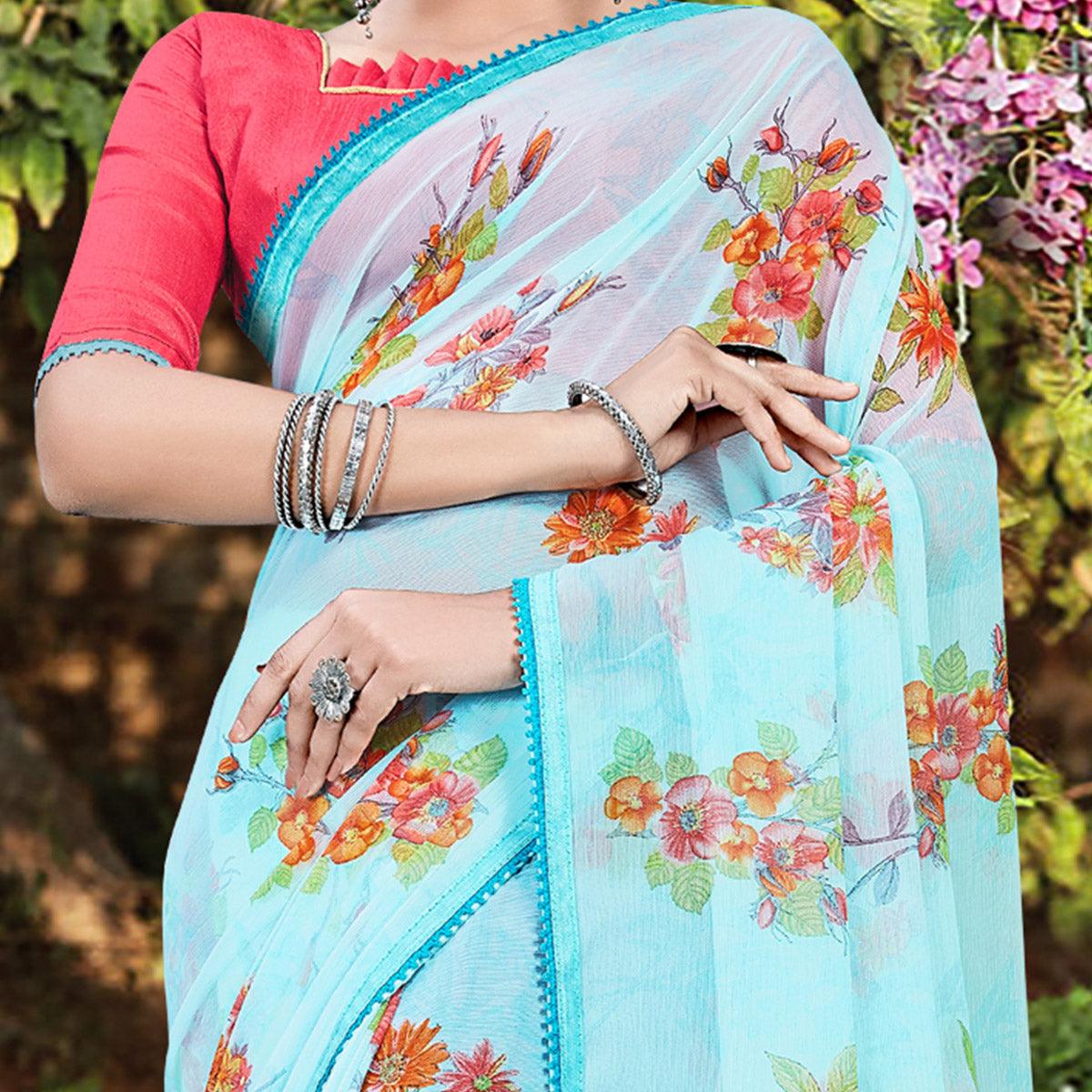 Charming Blue Colored Casual Wear Floral Printed Chiffon Saree - Peachmode