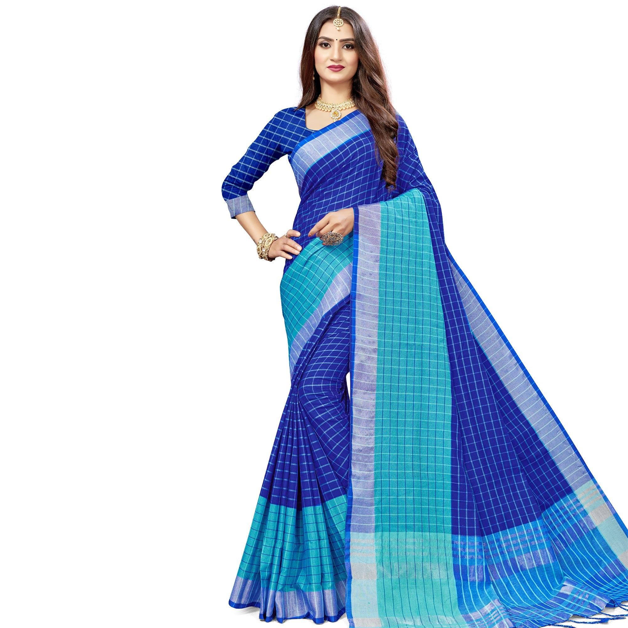 Charming Blue Colored Fesive Wear Checks Print Cotton Silk Saree With Tassels - Peachmode