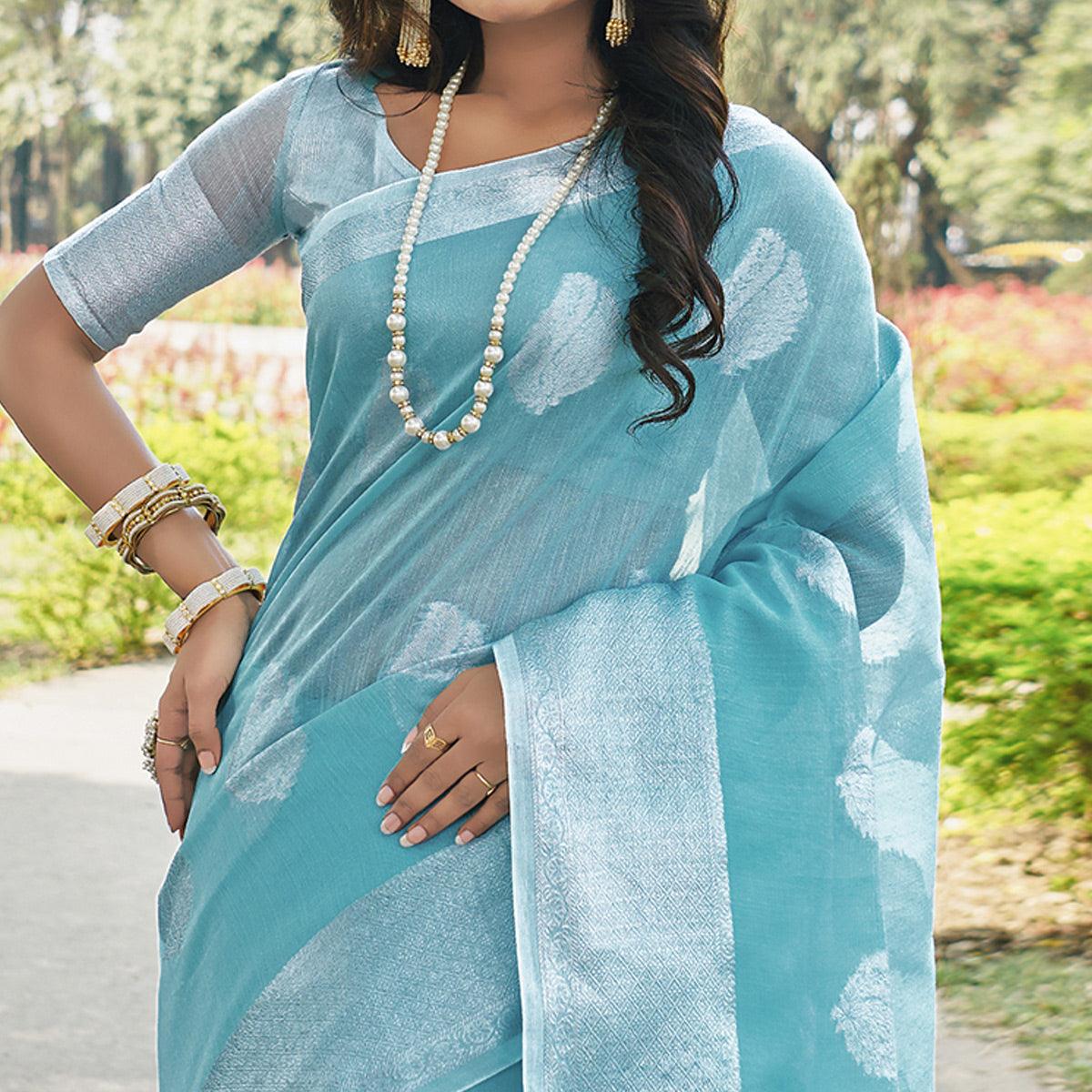 Charming Blue Colored Festive Wear Woven Linen Cotton Saree - Peachmode