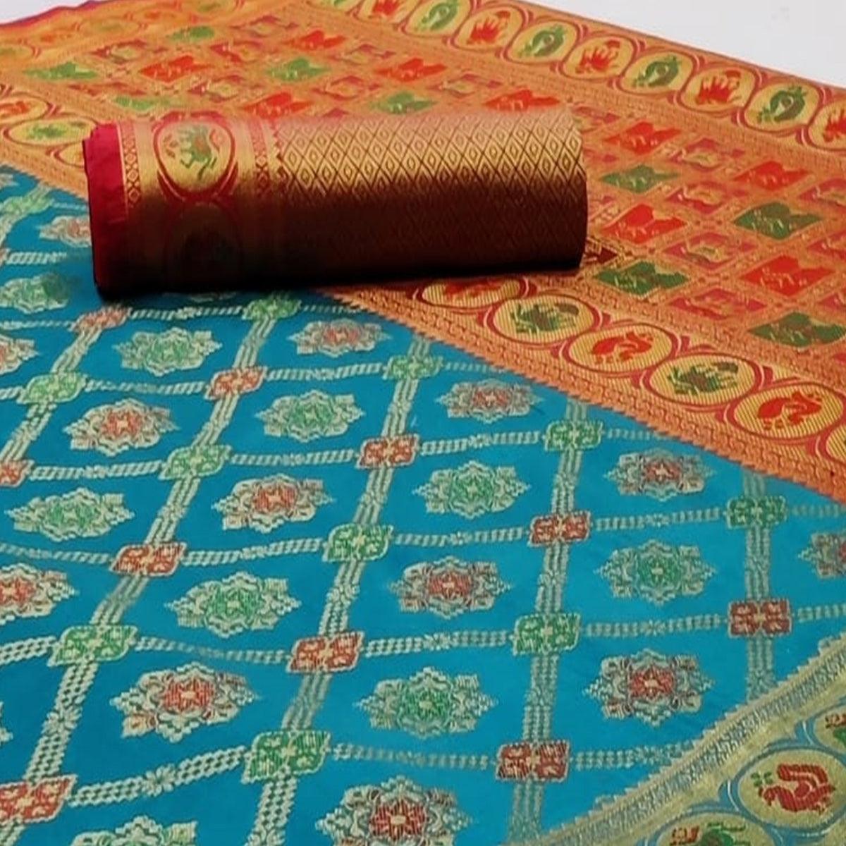 Charming Blue Colored Festive Wear Woven Silk Saree - Peachmode
