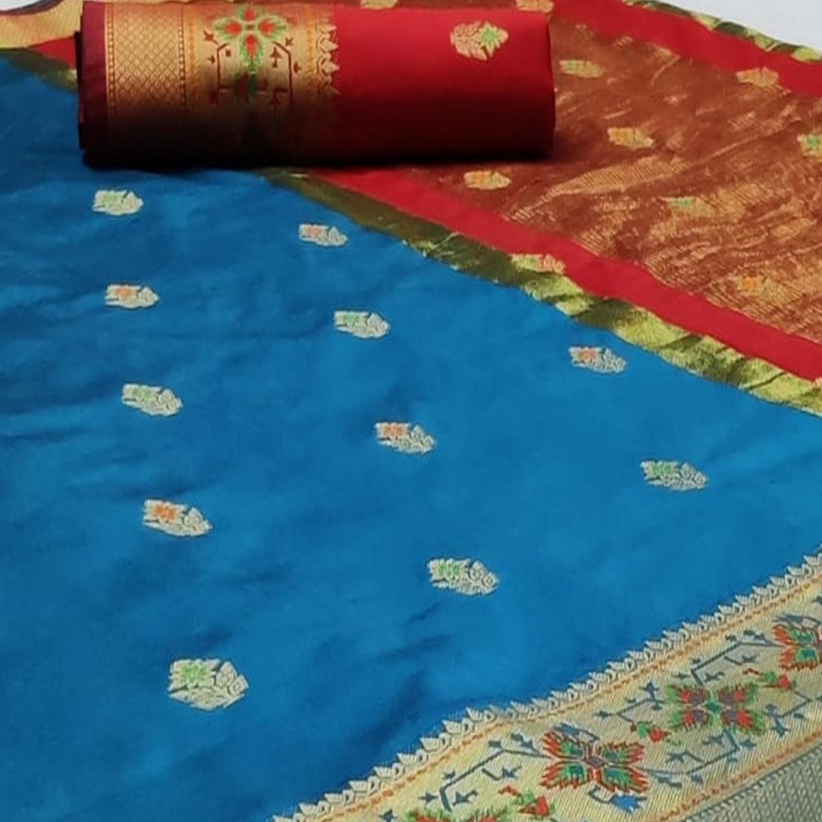 Charming Blue Colored Festive Wear Woven Silk Saree - Peachmode