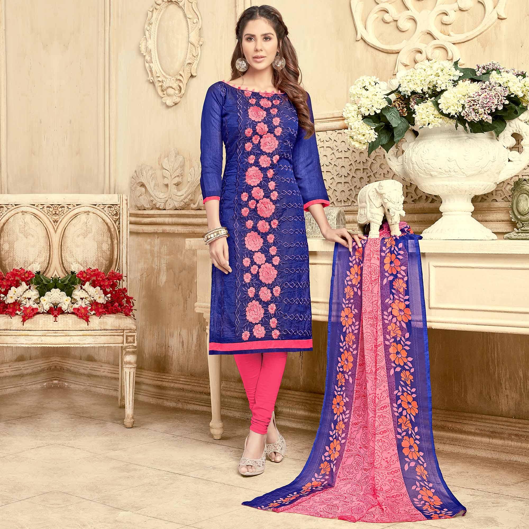 Charming Blue Colored Partywear Embroidered Chanderi Suit - Peachmode